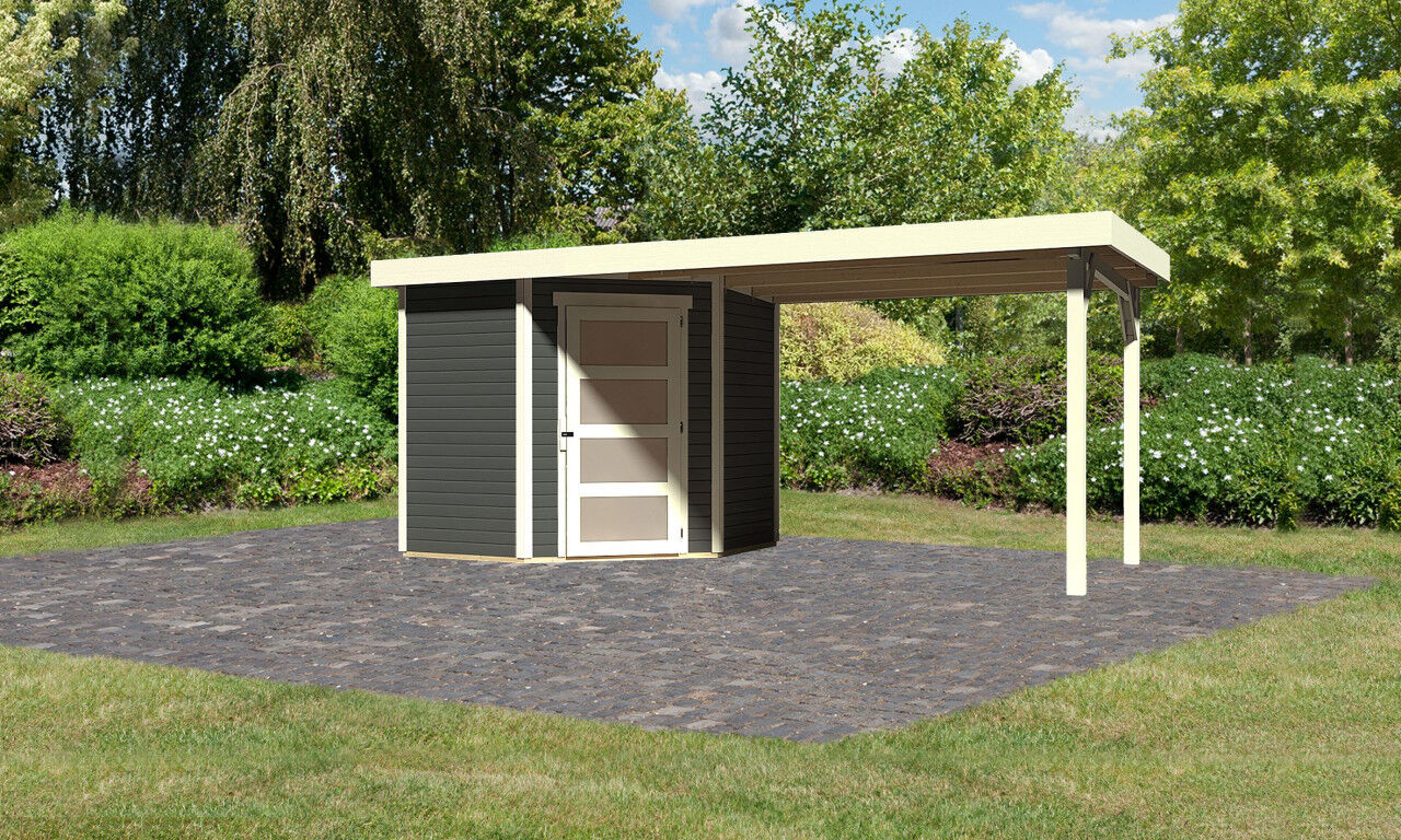 Flachdach Gartenhaus Schwandorf 3 im Set mit Anbaudach 2,80 m terragrau