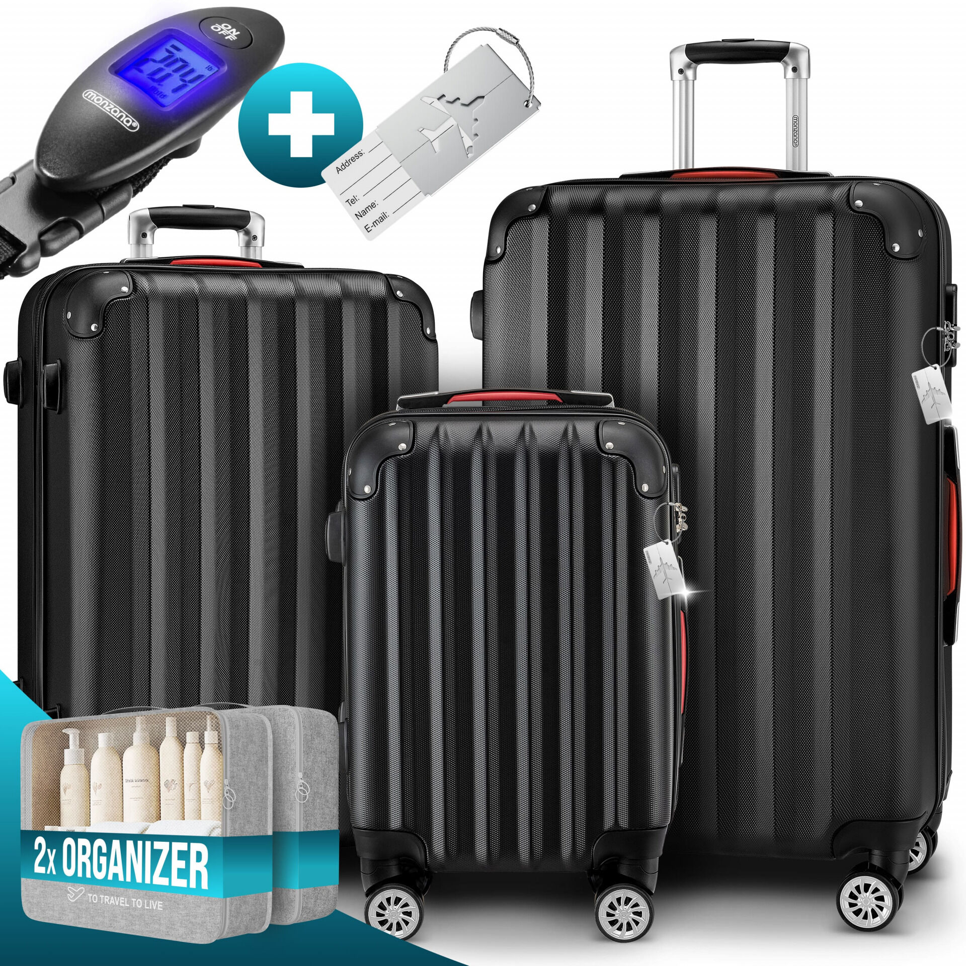 Hartschalenkoffer Set 3-tlg mit Zubehör Rollen 360º Schwarz ABS