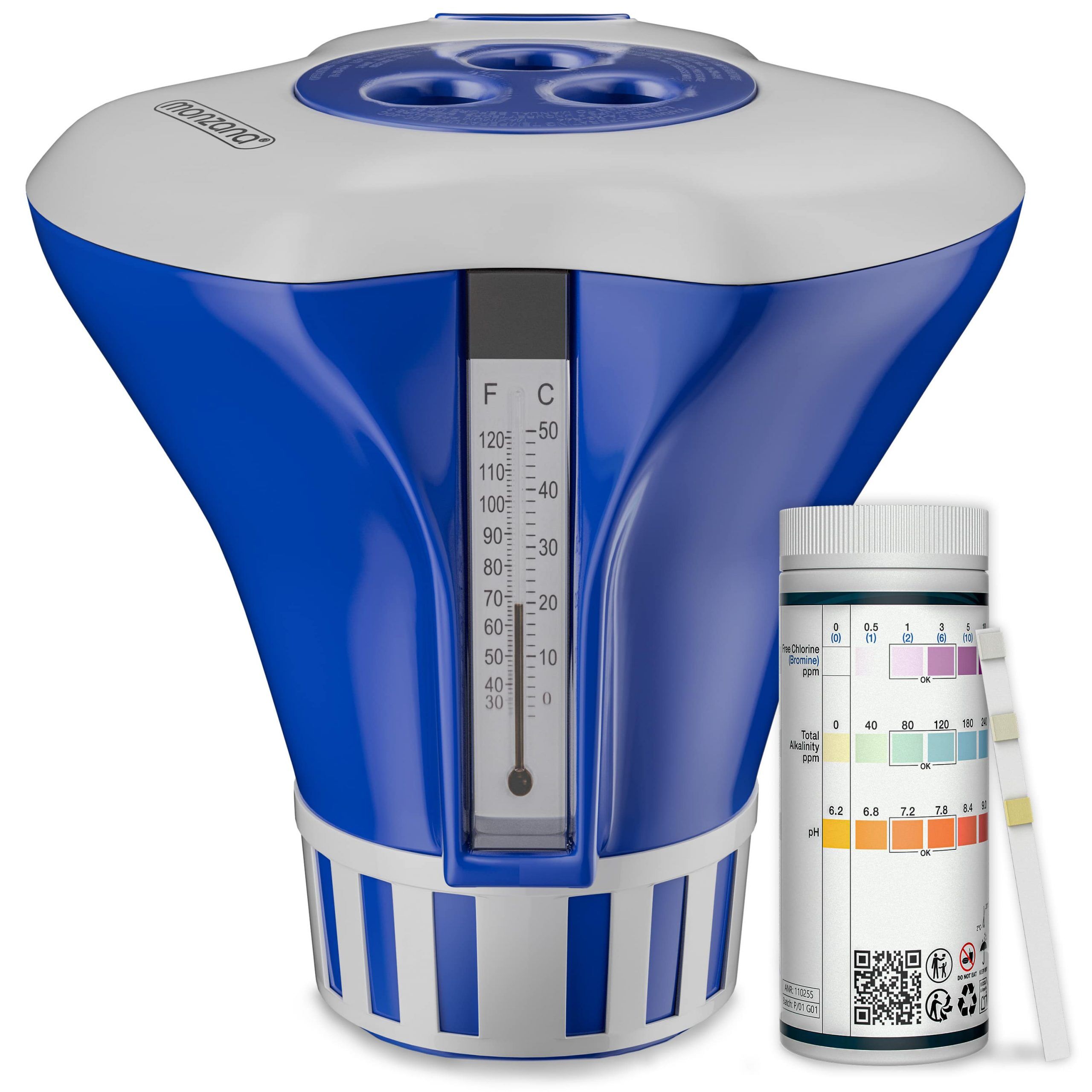 Dosierschwimmer Pool für 20-200g Tabletten inklusive 150 3in1 Teststreifen UV-Resistent Chlor Schwimmer mit Thermometer