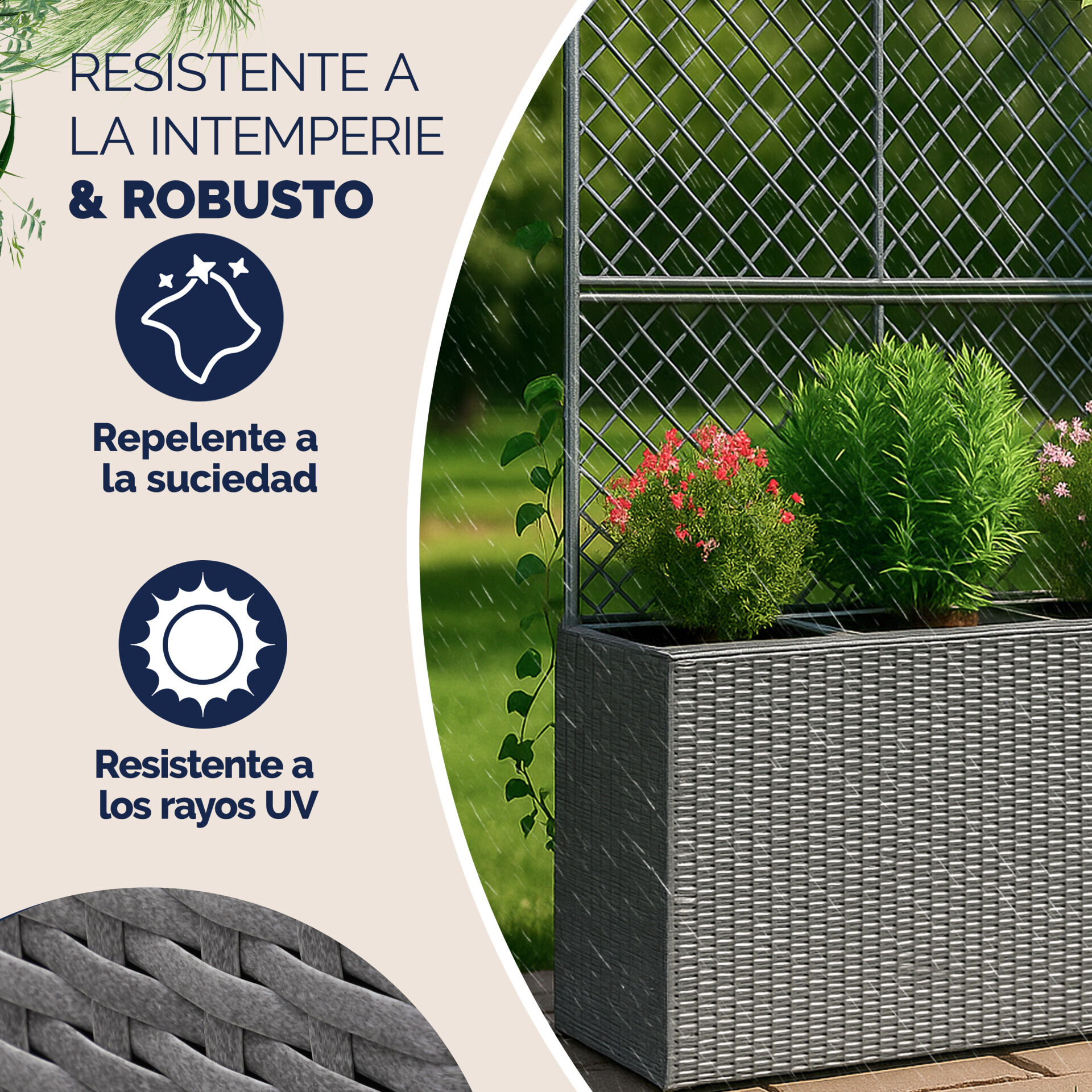 Polyrattan Blumenkasten mit Rankgitter Grau