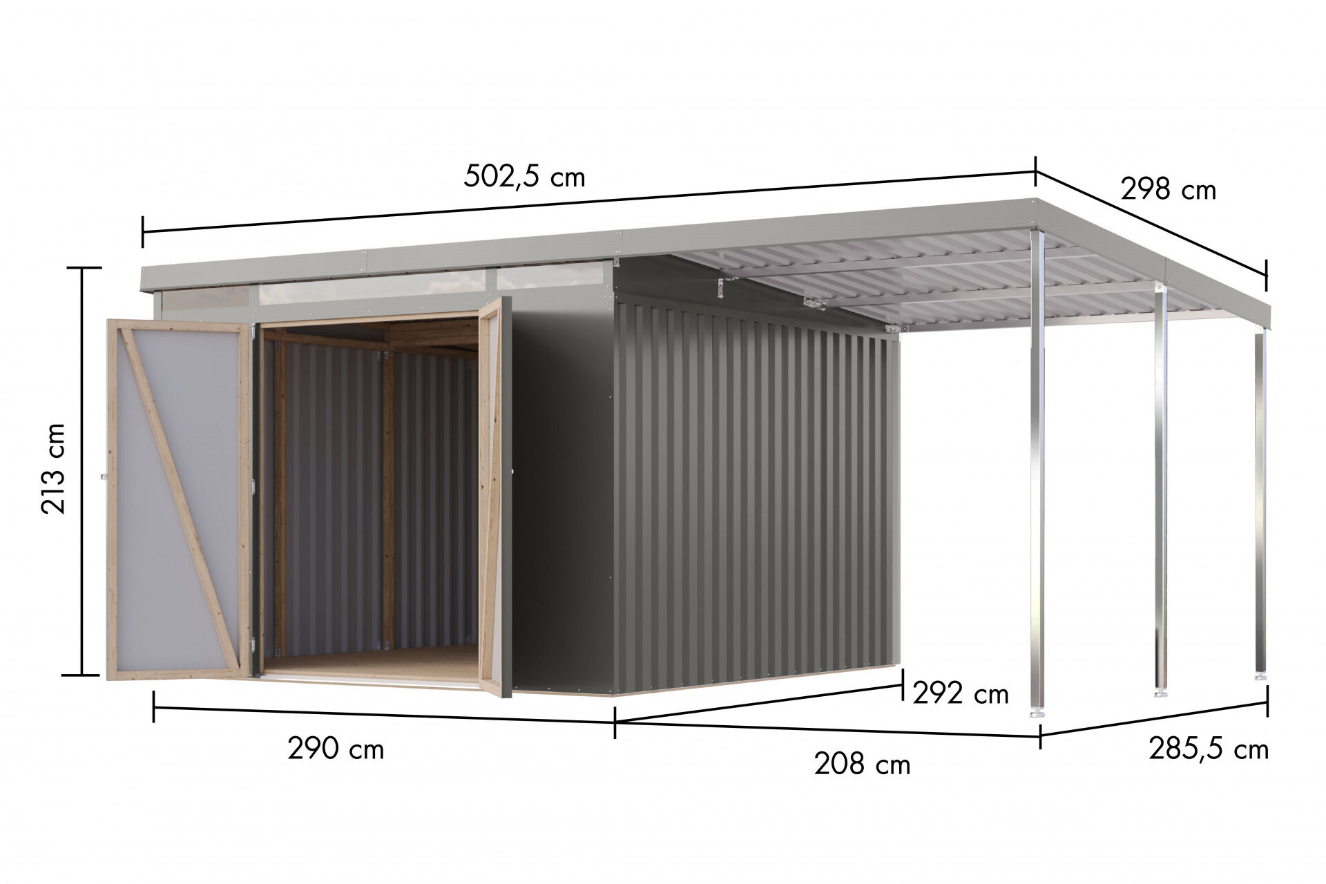 Karibu Pultdach Metall Gartenhaus Iridium 3,5 Set mit Anbaudach 2m, graualuminium