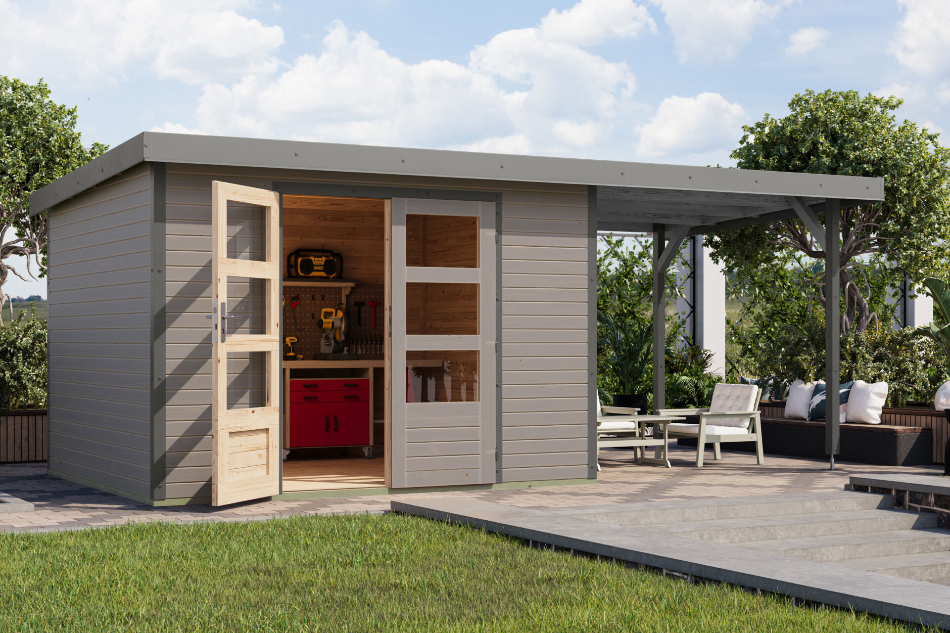 Karibu Pultdach Holz & Metall Gartenhaus Jupiter 5 Set mit Anbaudach 2,35 m, naturbelassen / graualuminium