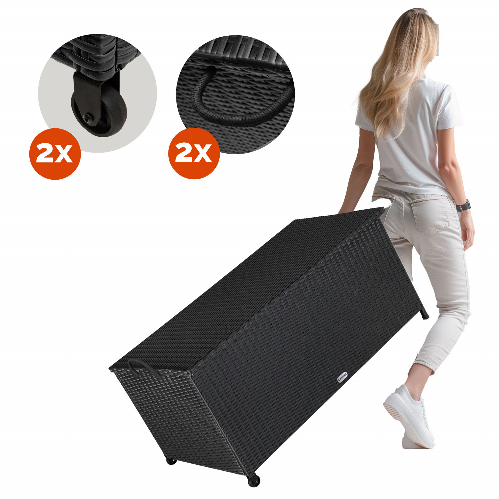 Gartenbox Polyrattan Schwarz 117x53x60cm mit Griffen + Rollen