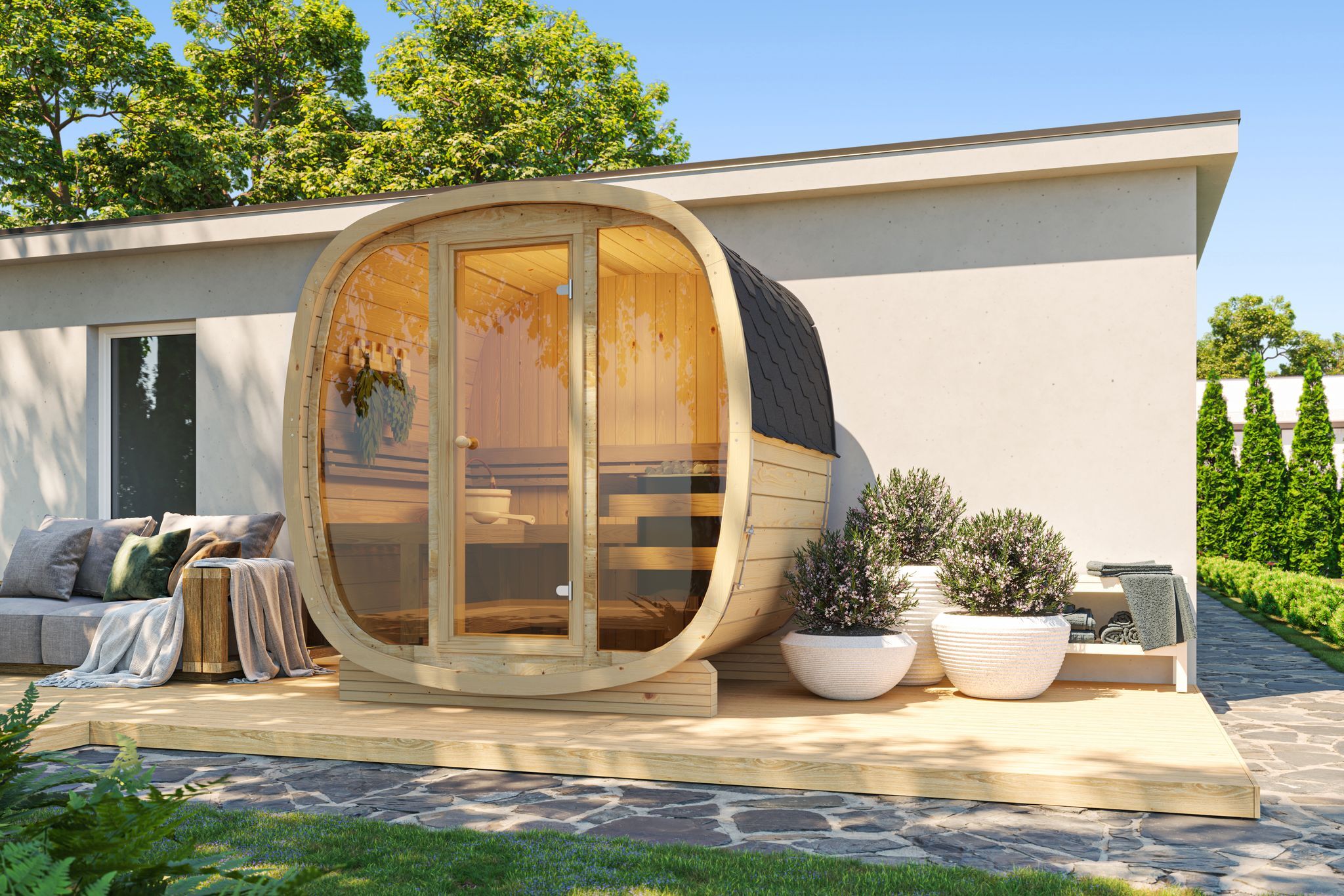 Finn Art Fasssauna Quadro 160 Standard, naturbelassen, Vollglas Front, auf Terrasse