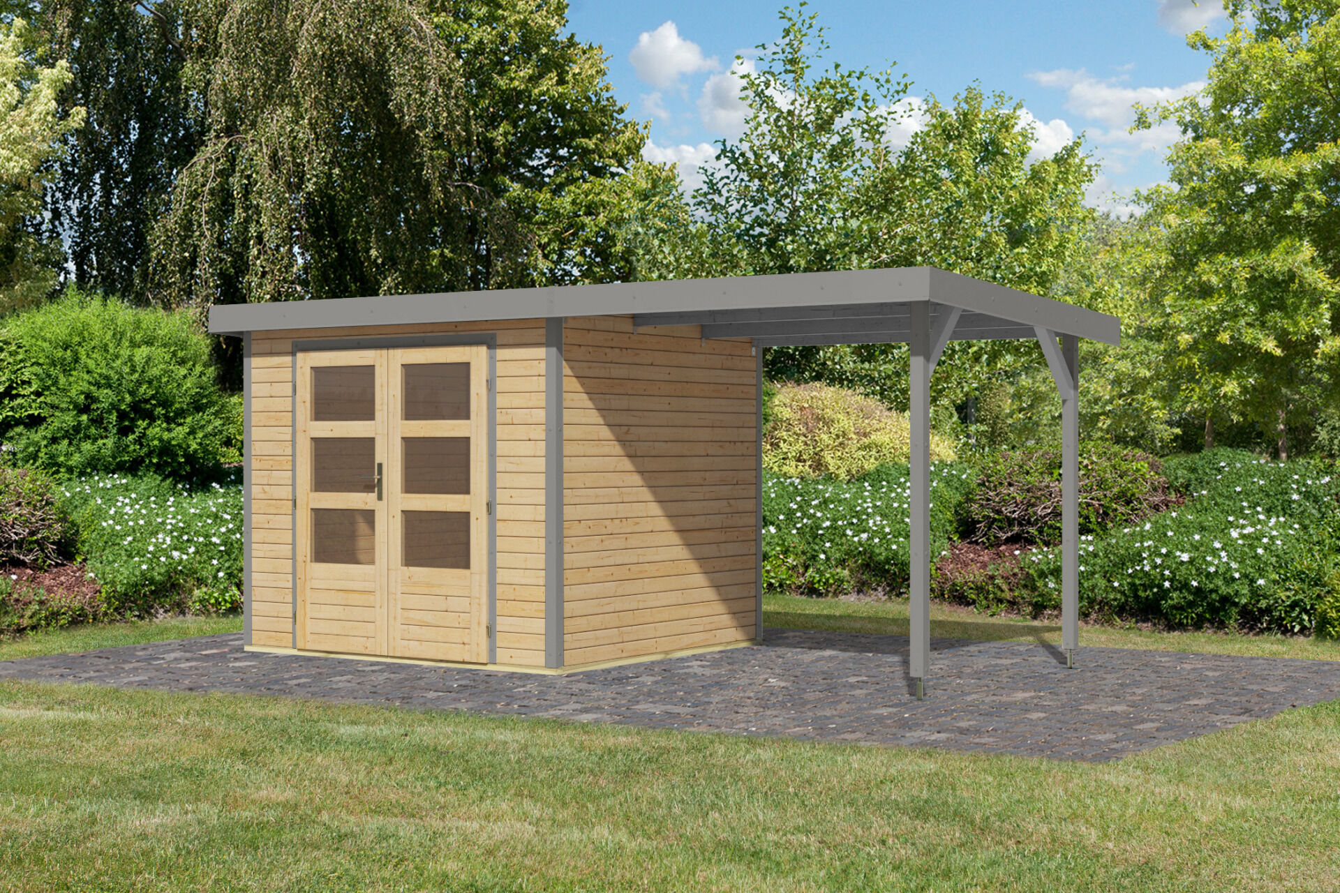 Karibu Pultdach Holz & Metall Gartenhaus Jupiter 3 Set mit Anbaudach 2,35 m, naturbelassen / graualuminium