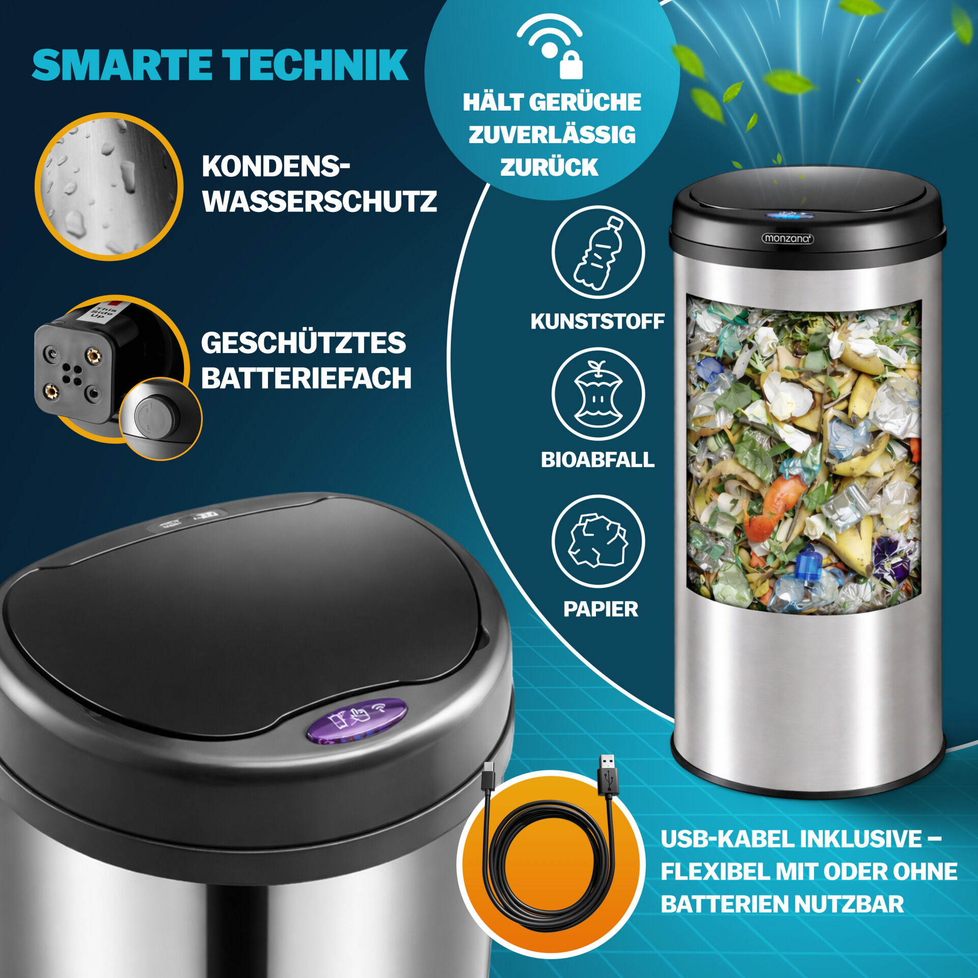 Sensor Mülleimer Silber Edelstahl 50L