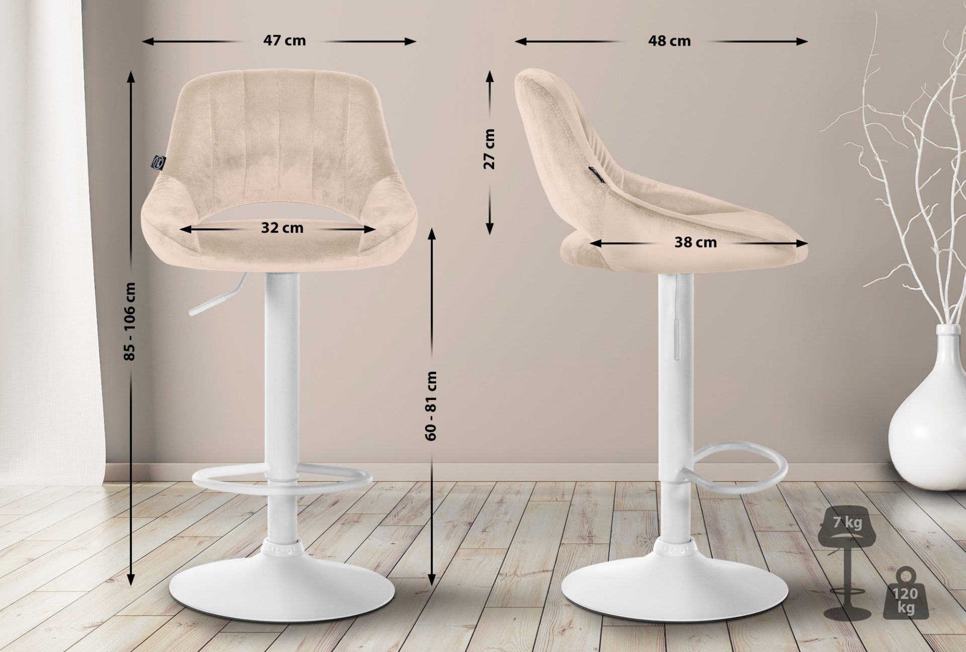 2er Set Barhocker Milet Samt W, creme