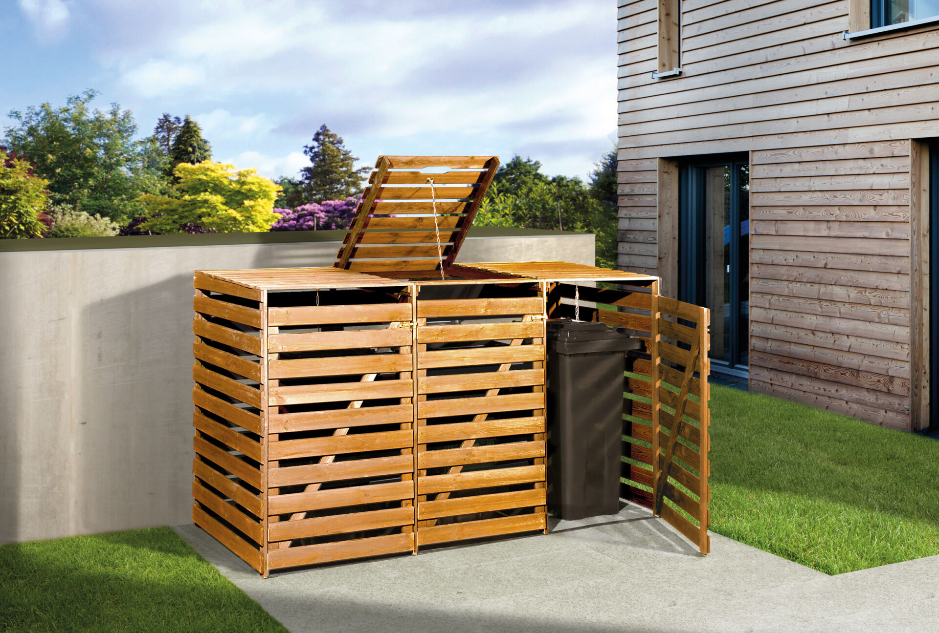 Mülltonnenbox für 3 Tonnen, honigbraun imprägniert