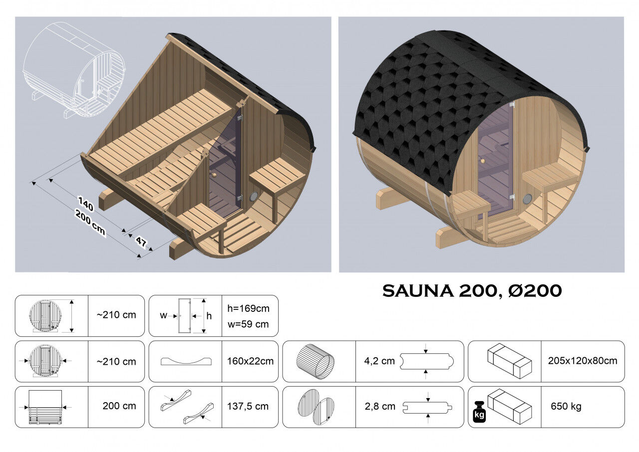 Datenblatt Finn Art Fass-Sauna Alvi mit Darstellung von Innen- und Außenansicht