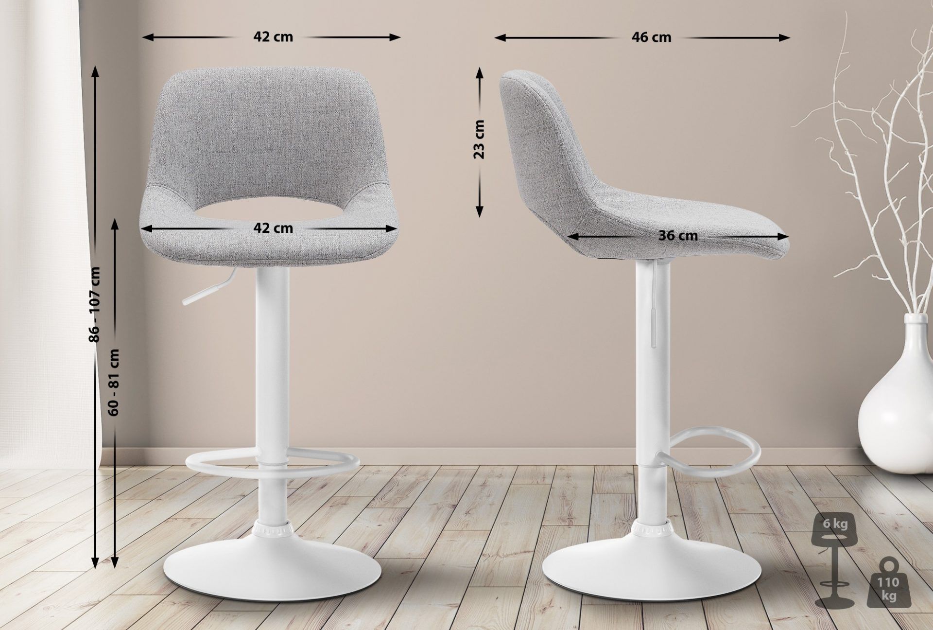 2er Set Barhocker Camden Stoff weiß, hellgrau