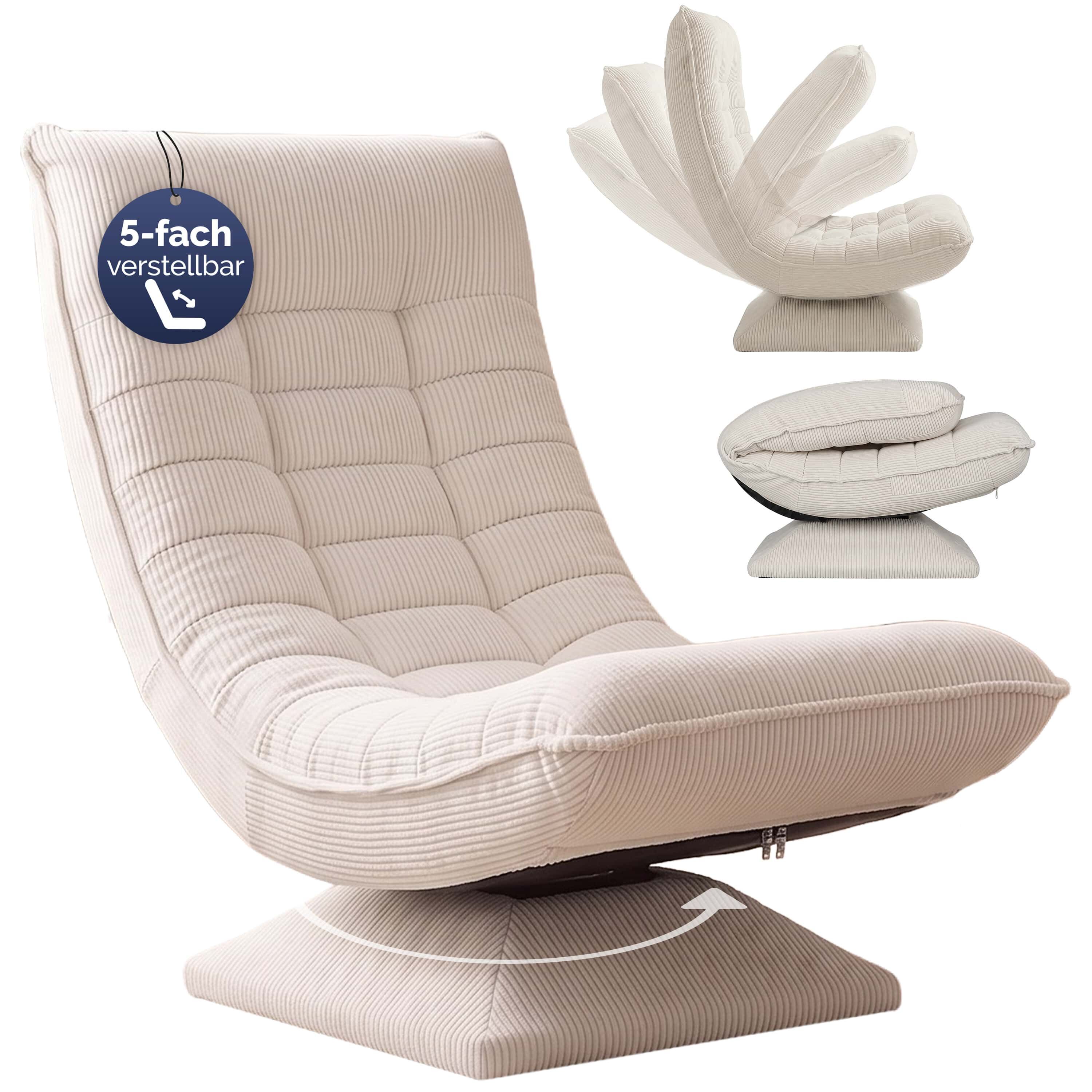 Sessel Aberdeen Creme Cord 5fach verstellbar 360 Grad drehbar klappbar