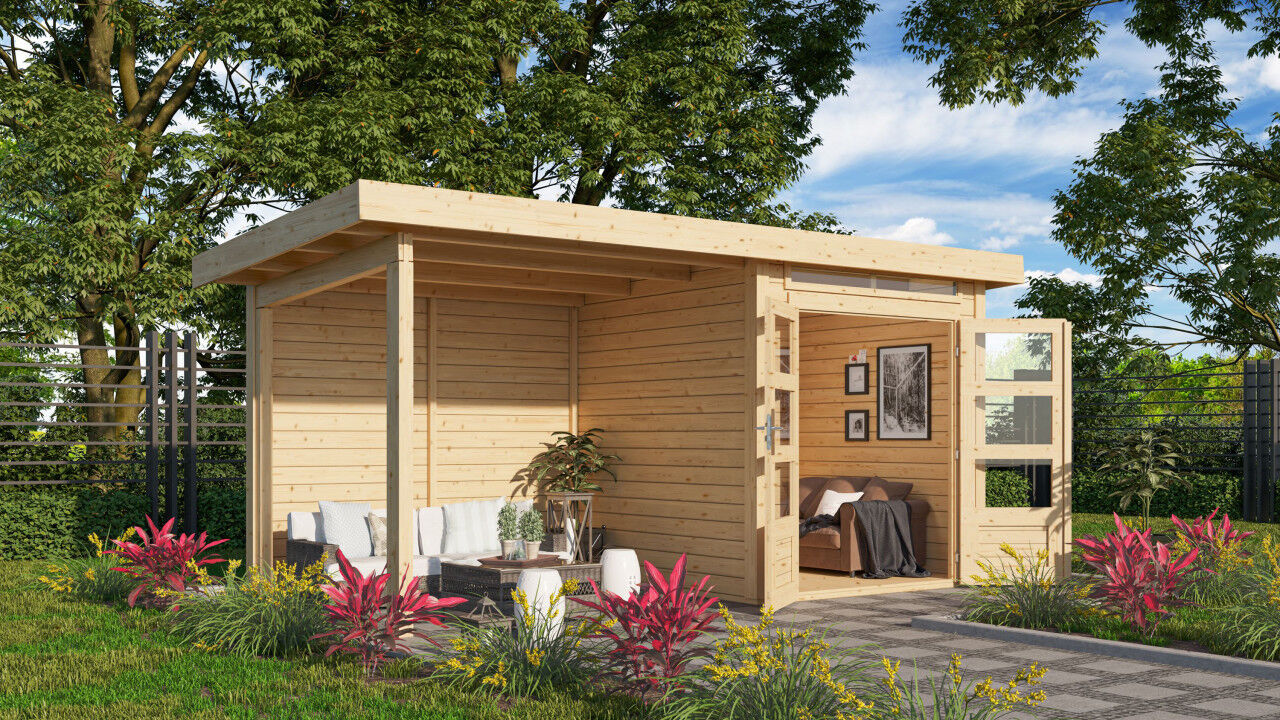 Flachdach Gartenhaus Kandern 1 im Set mit Anbaudach 2,35 m und 28mm Rückwand natur