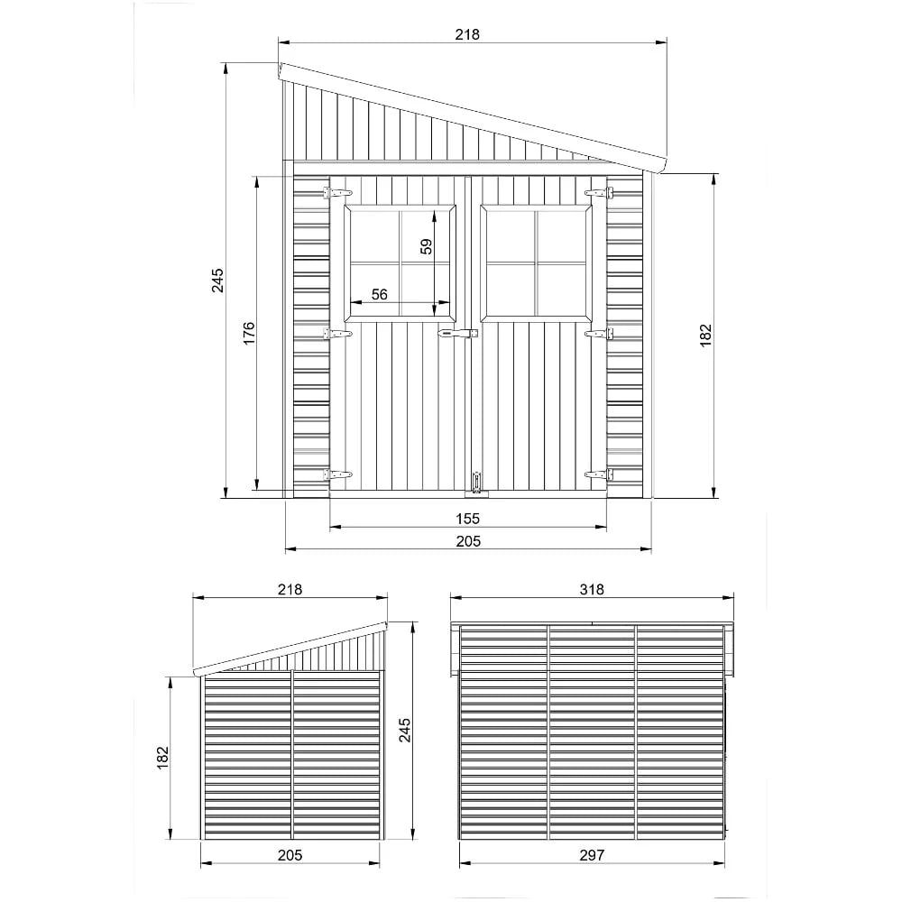 Holz Gartenhaus Ida M339A bemaßte Zeichnung