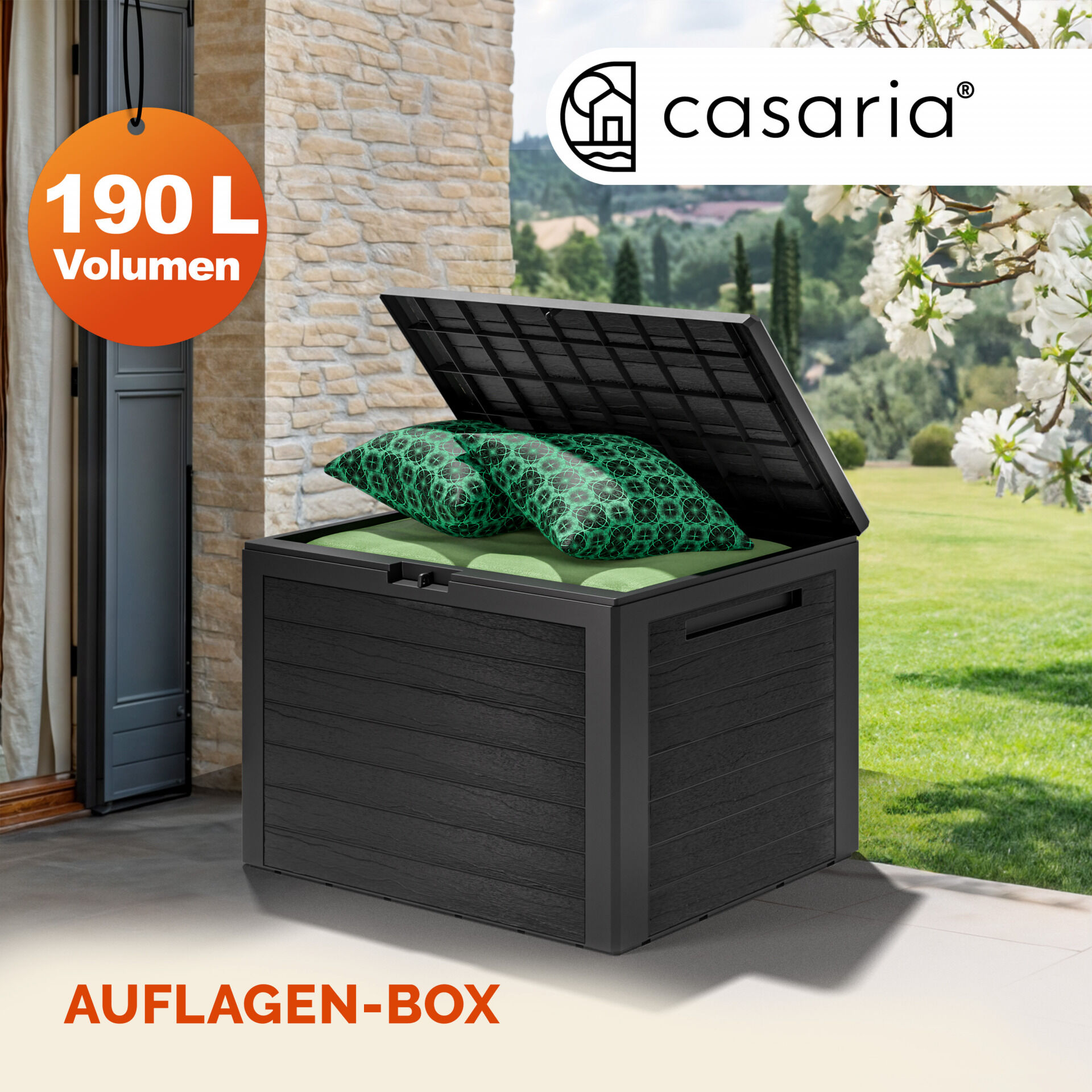 Gartenbox Lille 190L Anthrazit in Holzoptik wetterfest abschließbar