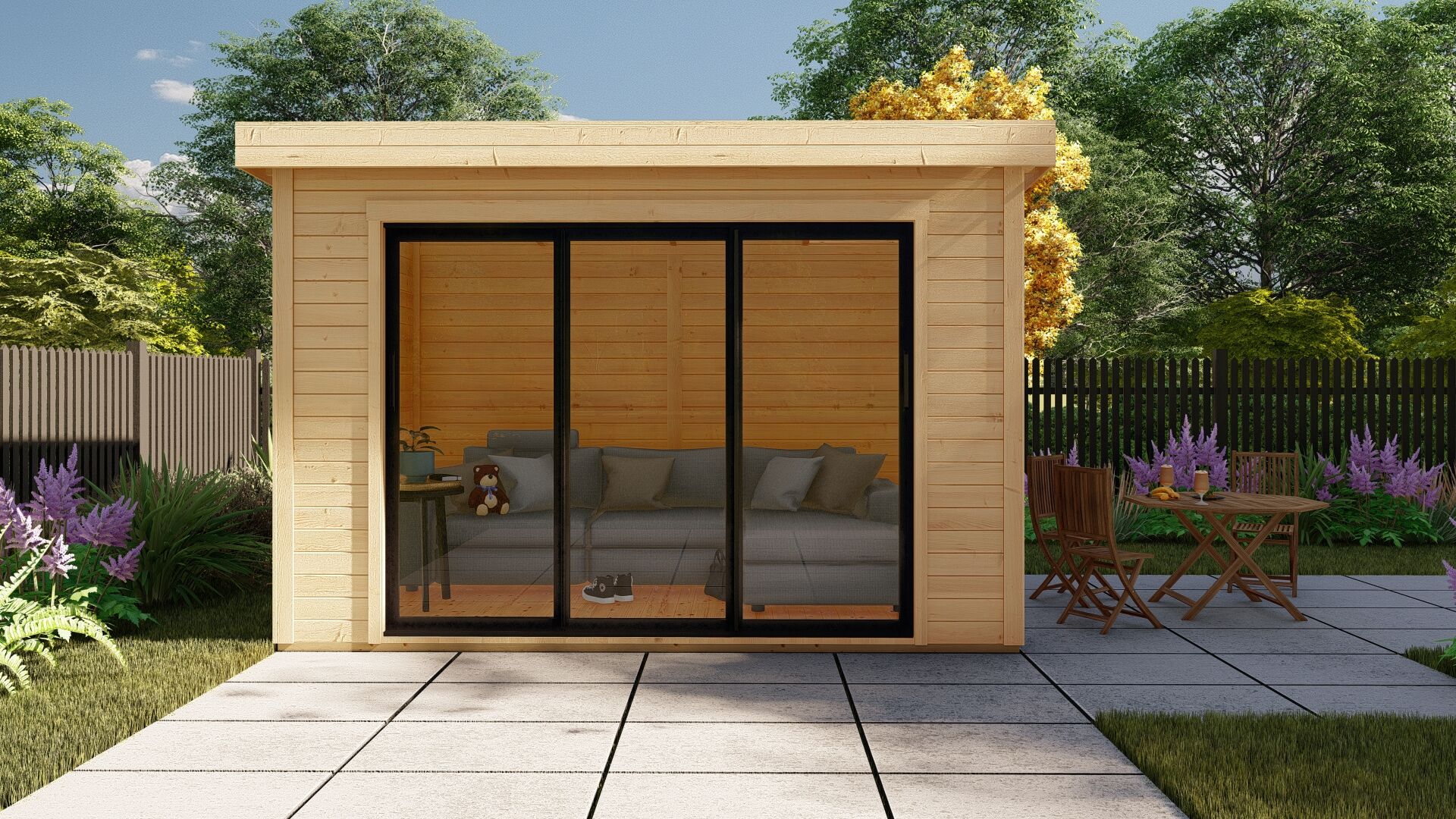28 mm Flachdach Holz Gartenhaus modern Sydney 54 mit Schiebetür