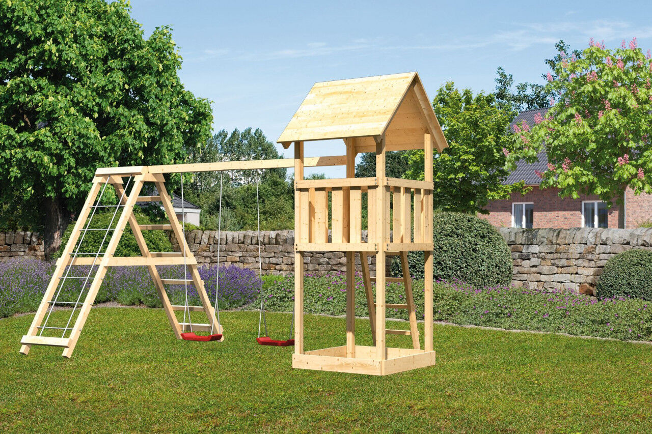 Kinderspielturm Lotti SET natur mit Doppelschaukel und Klettergerüst