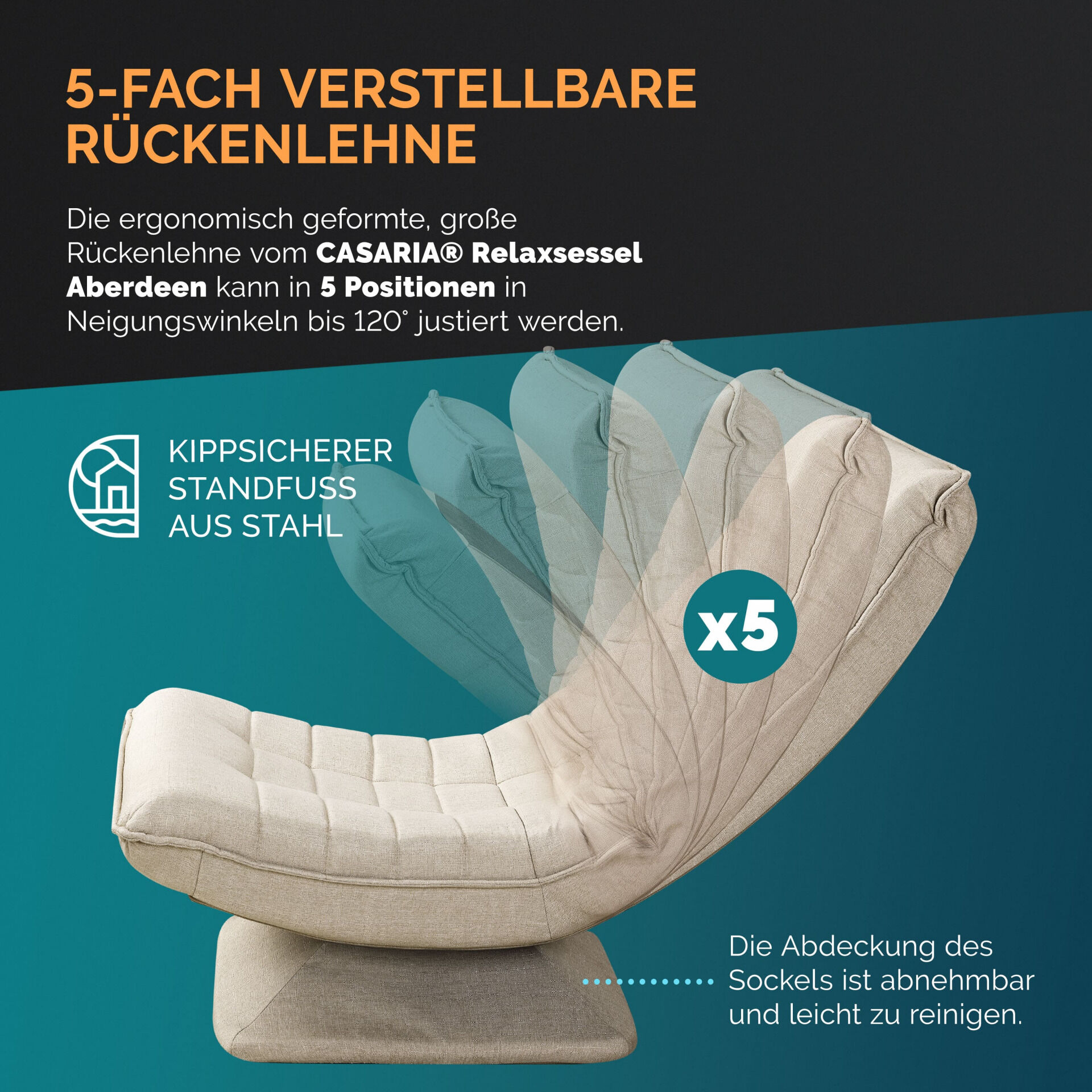 Sessel Aberdeen Creme Stoff 5fach verstellbar 360 Grad drehbar klappbar