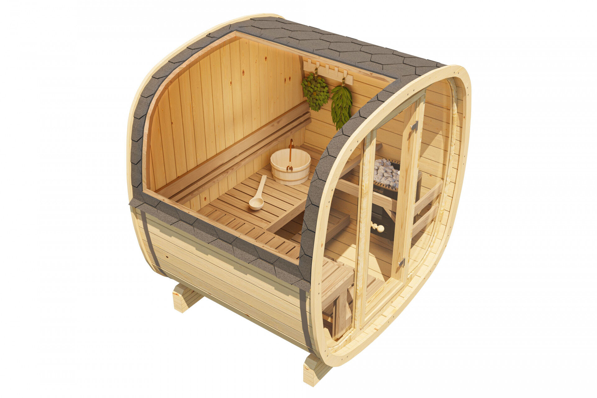 Finn Art Fasssauna Quadro 160 Standard, Vollglas Front, Innenansicht Bänke, Elektroofen, Wasserkübel und Aufgusskelle