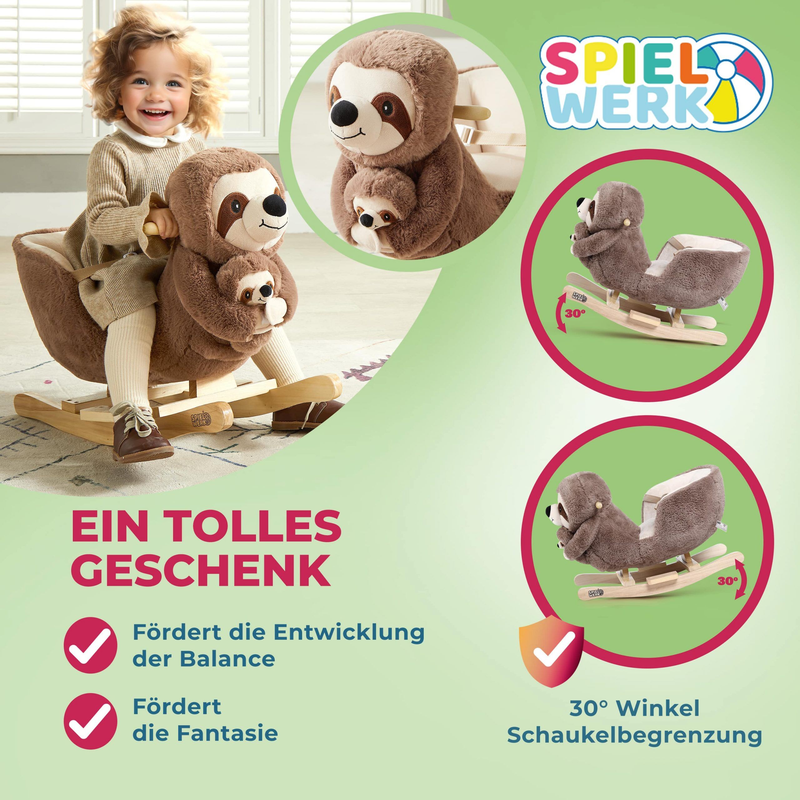 Schaukeltier Faultier Braun mit Sicherheitsgurt