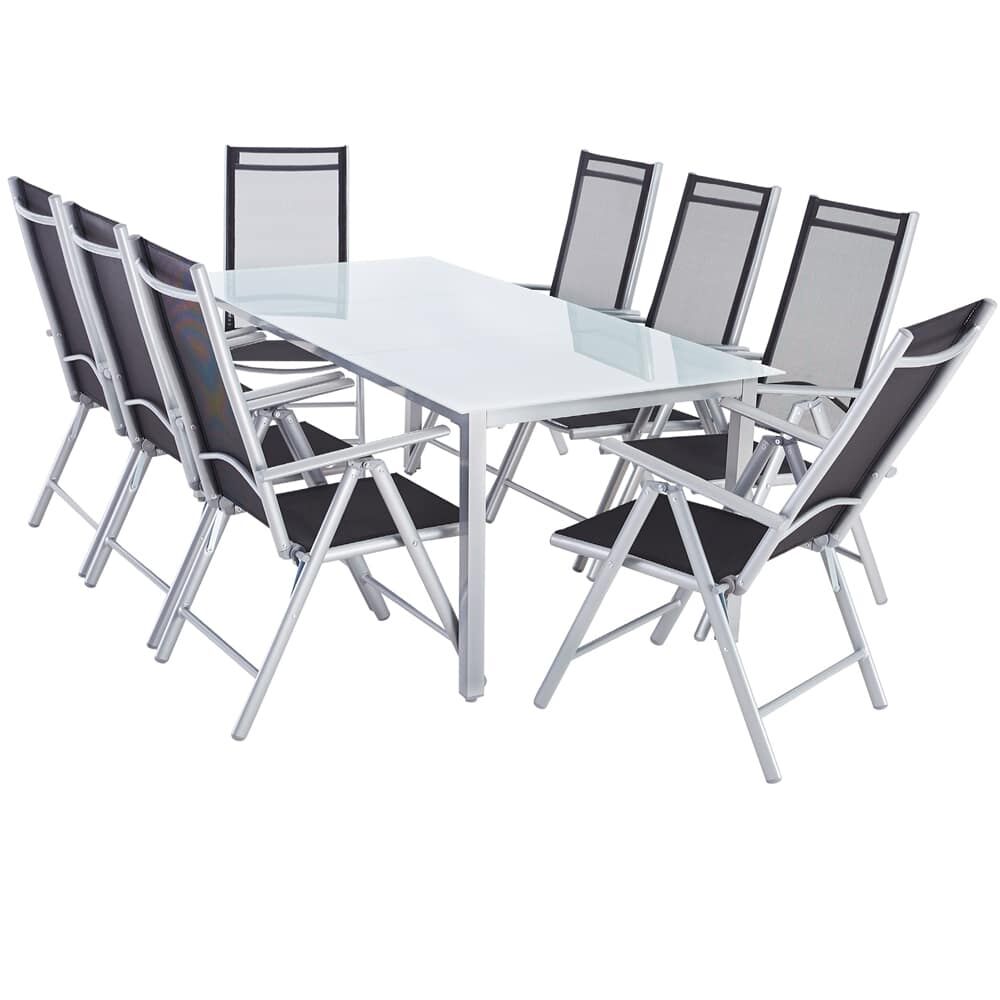 Gartensitzgruppe Bern 9-tlg 8 Personen Silber Alu Milchglas Glas