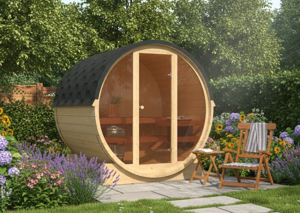 Fasssauna LUKA PLUS – kompakte Außensauna in klassischer Fassform