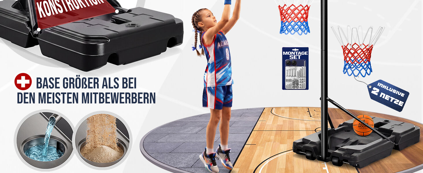 Basketballkorb Outdoor höhenverstellbar 135 –305 cm stabil wetterfest mit Ständer 60 kg Sockel Rollen