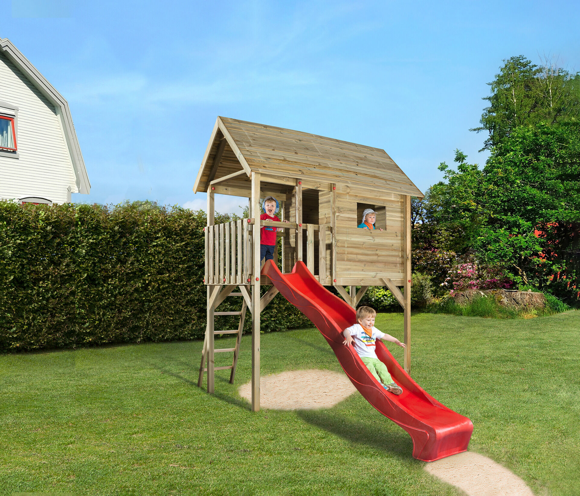 Tabaluga Kinderstelzenhaus 815, mit Wellenwasserrutsche rot 290 cm