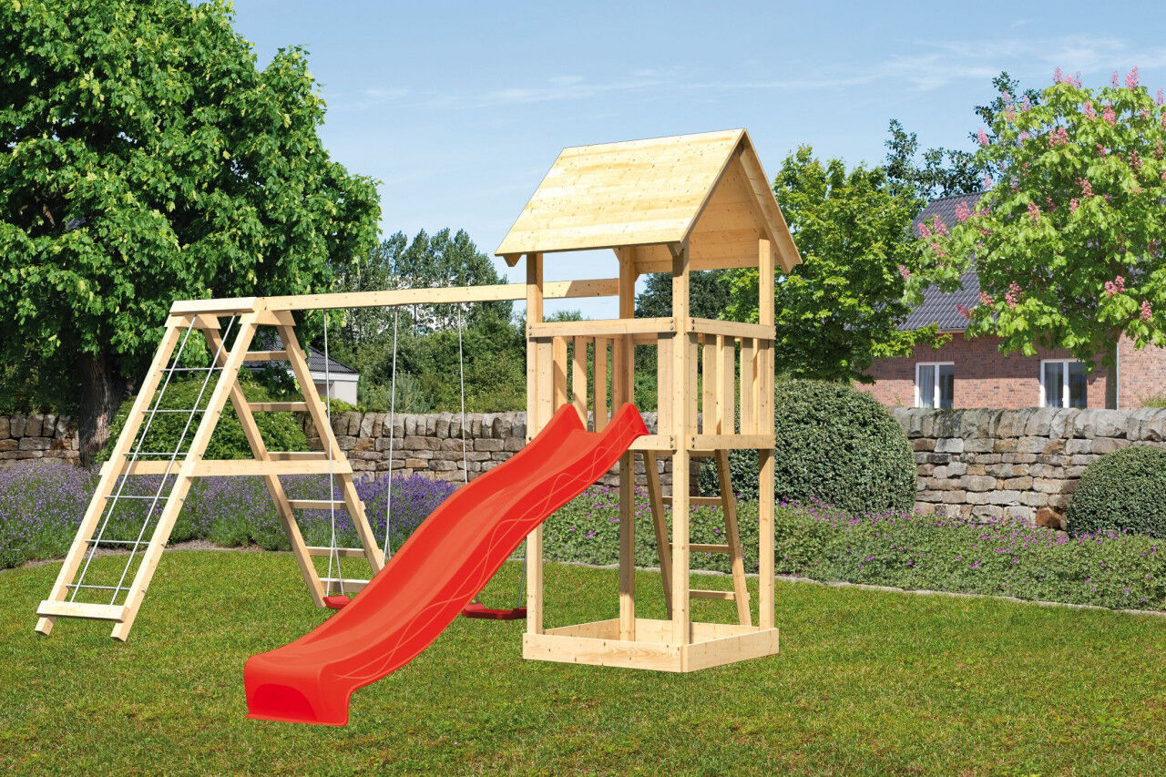 Kinderspielturm Lotti Satteldach SET natur mit Doppelschaukelanbau Klettergerüst und Rutsche rot