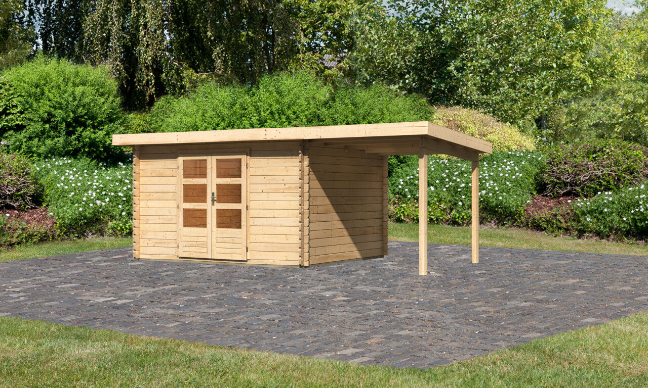 Pultdach Gartenhaus Bastrup 7 im Set mit Anbaudach 2 m breit natur