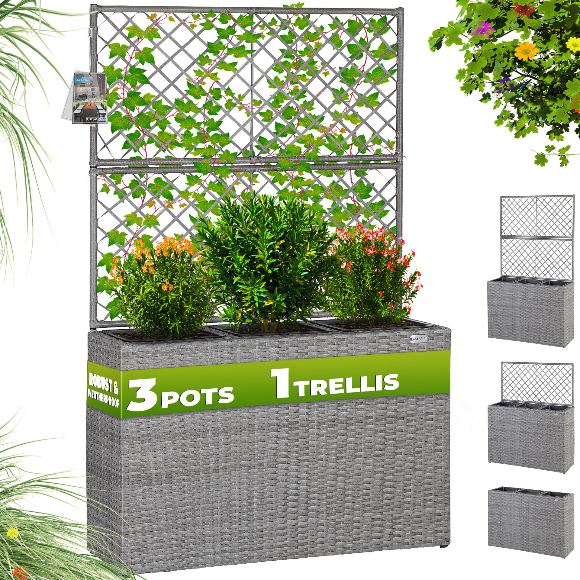 Polyrattan Blumenkasten mit Rankgitter Grau