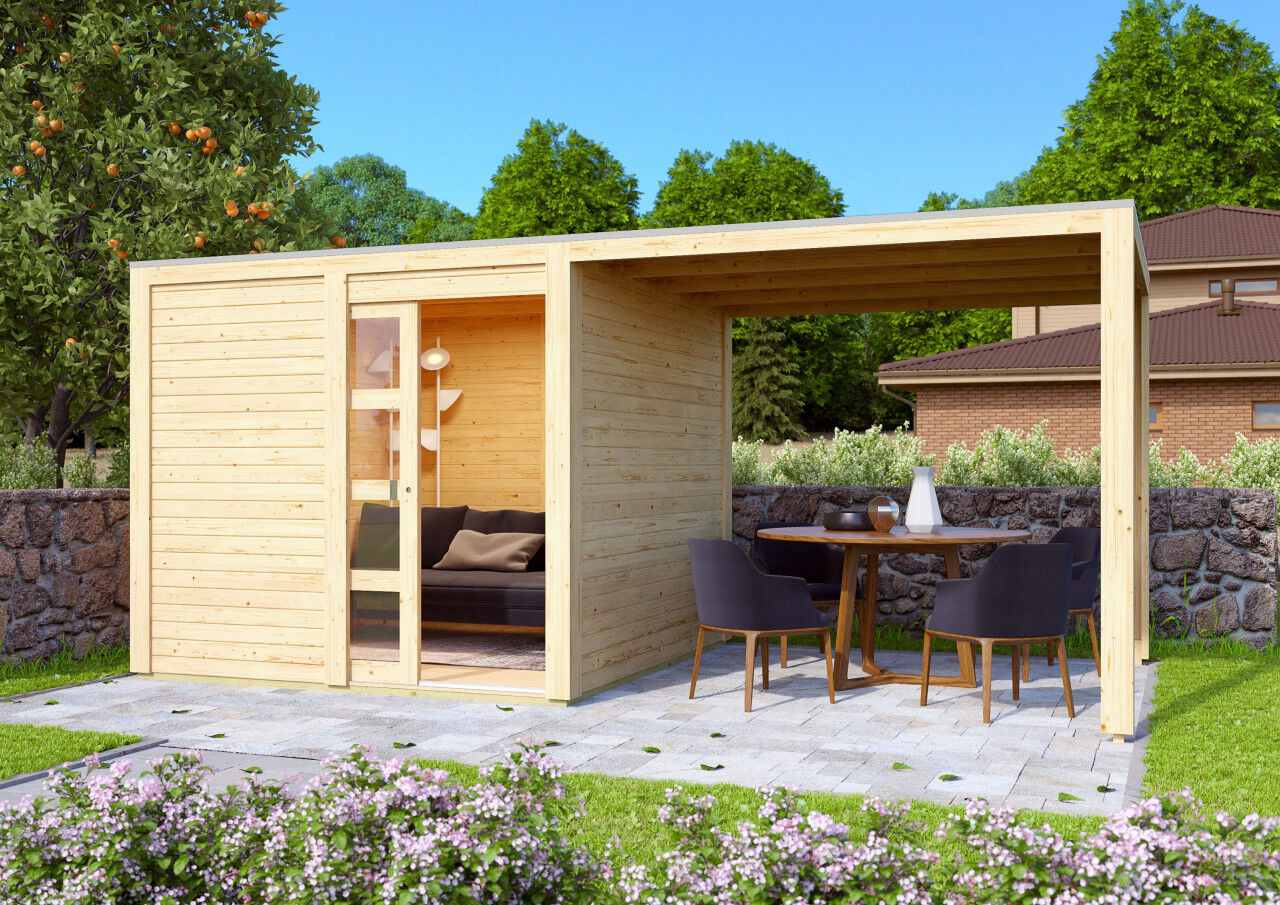 Karibu Flachdach Gartenhaus Qubic 1 im Set mit Anbaudach natur