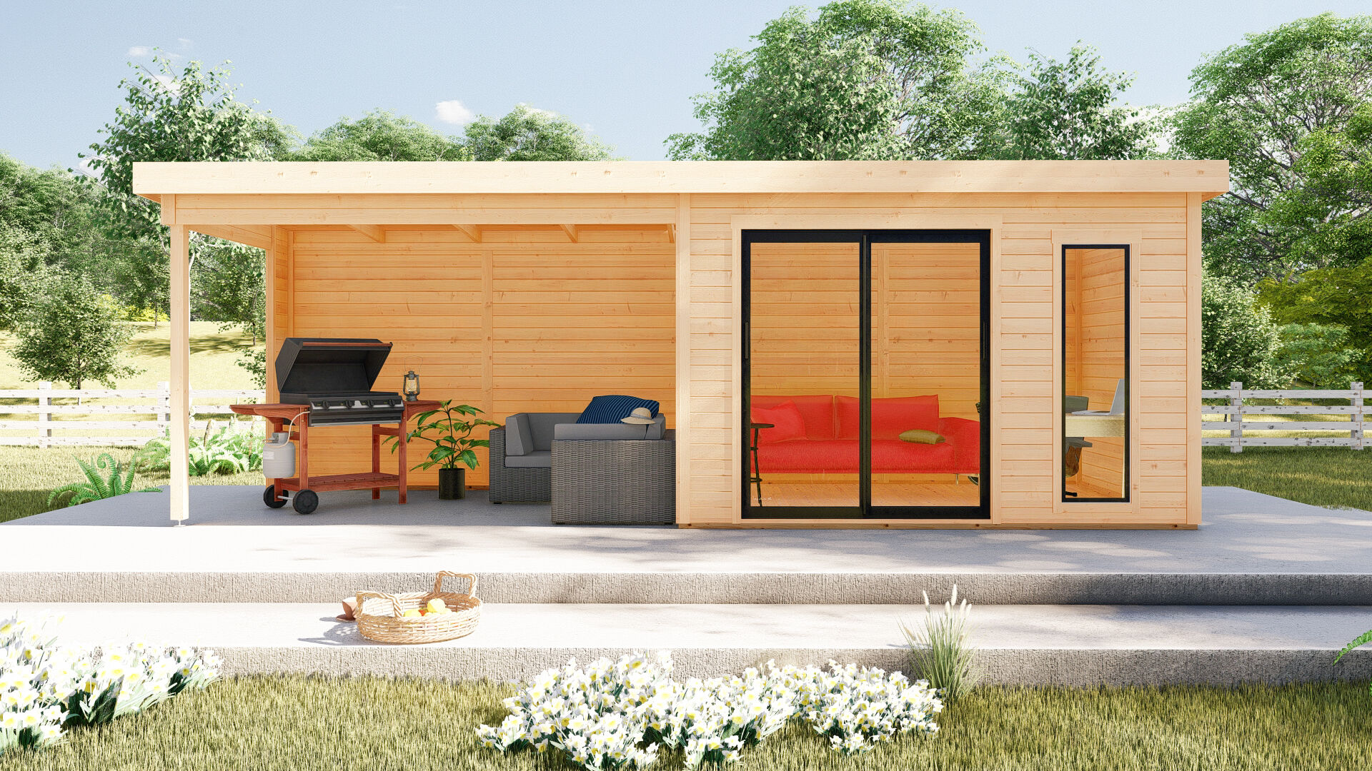 Flachdach Holz Gartenhaus Sydney 52 mit Schiebetür und Seitendach