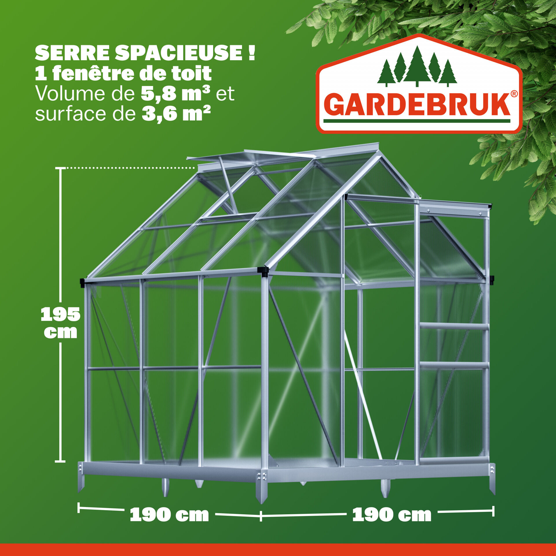 Alu Gewächshaus 190x190x195cm mit Fundament