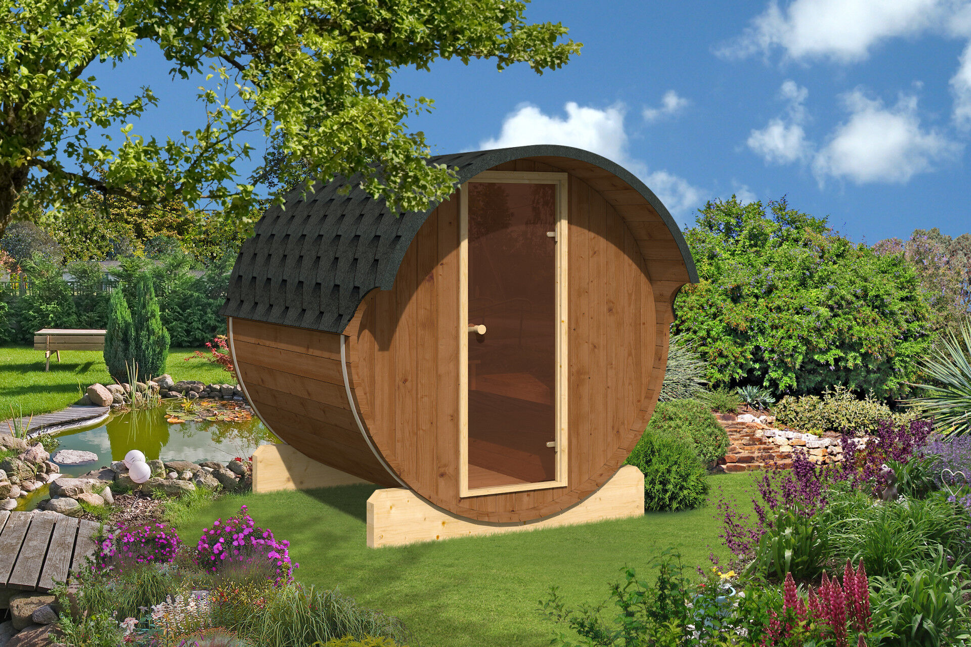 Finn Art Fass-Sauna Ove Thermoholz mit Glastür im Garten