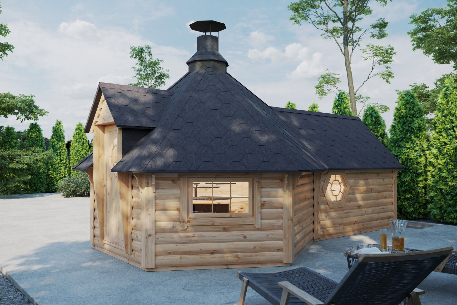 Finn Art Grillkota Elegance 9,2 m² mit Saunaanbau Seitenansicht rechts