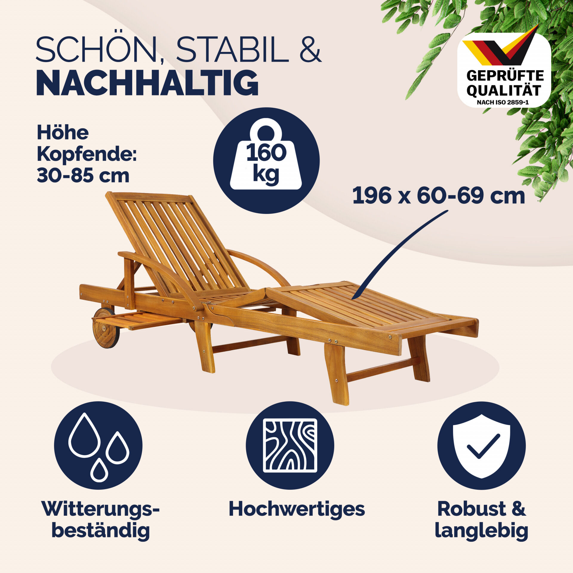 Gartenliege klappbar verstellbar Akazienholz mit Ausziehtisch Rollen