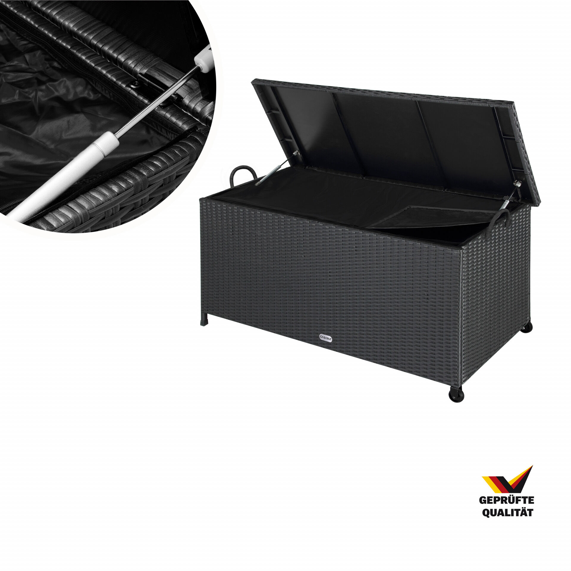 Gartenbox Polyrattan Schwarz 117x53x60cm mit Griffen + Rollen