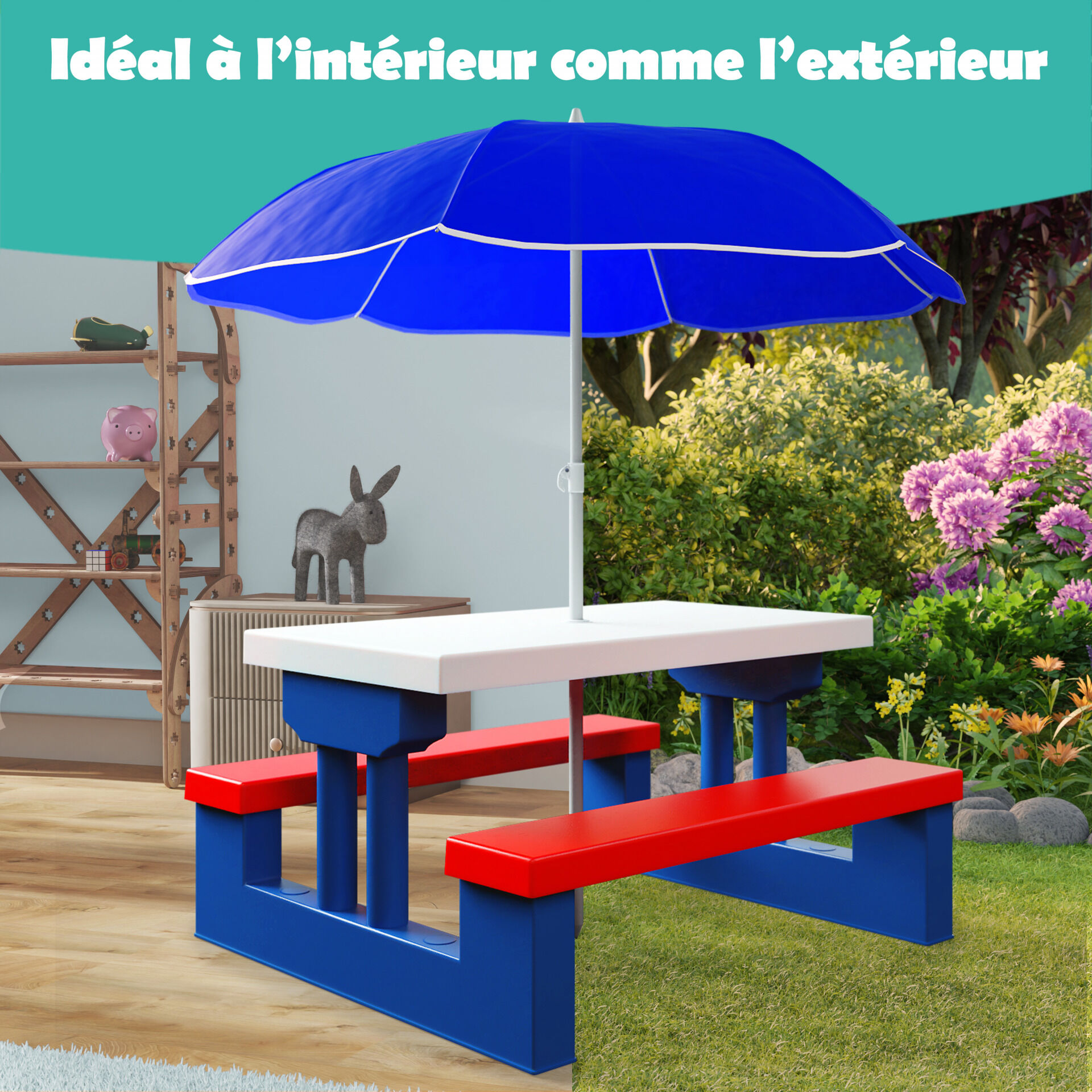 Kindersitzgruppe Blau mit Sonnenschirm