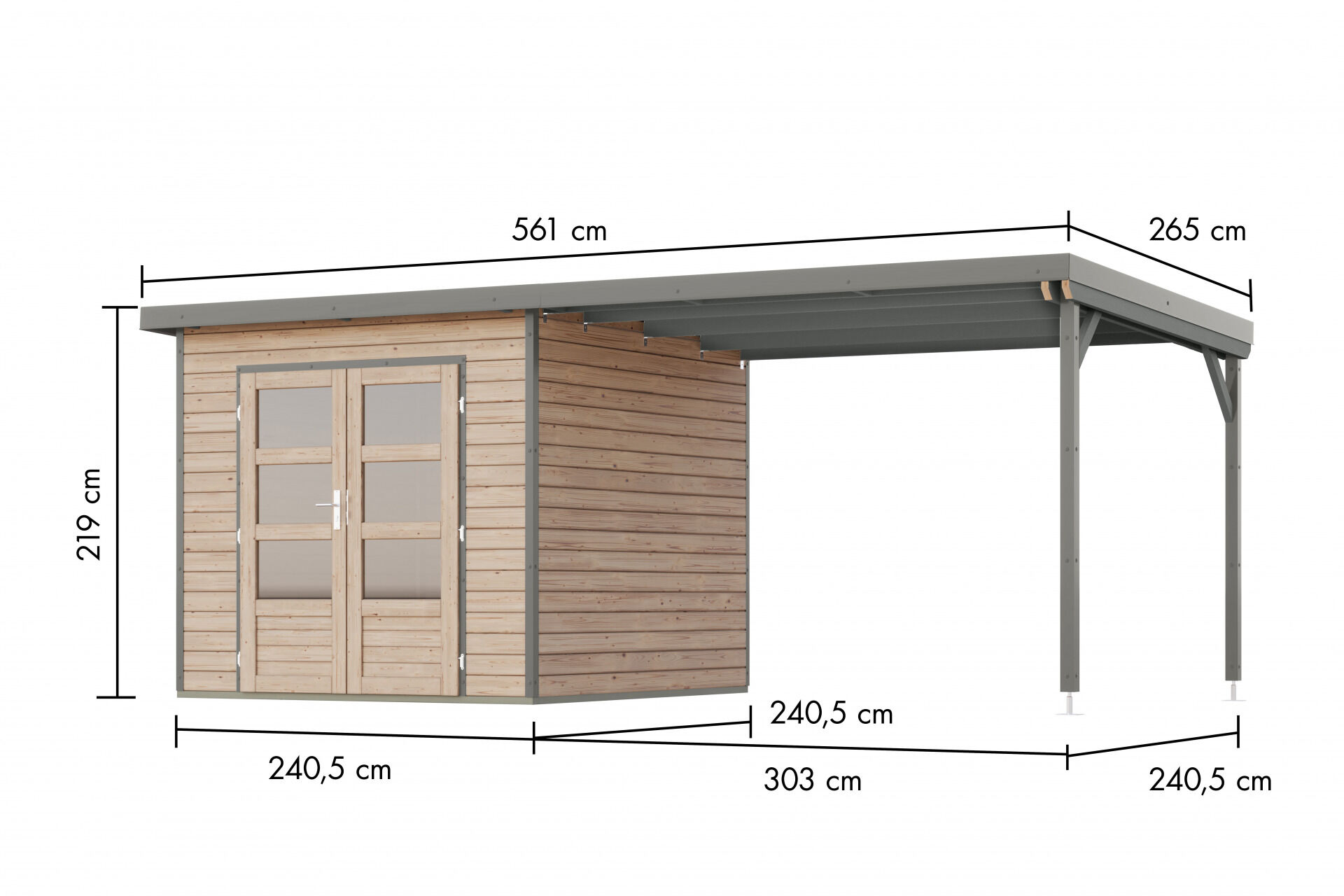 Karibu Pultdach Holz & Metall Gartenhaus Pluto 3 Set mit Anbaudach 3,07 m, naturbelassen / graualuminium
