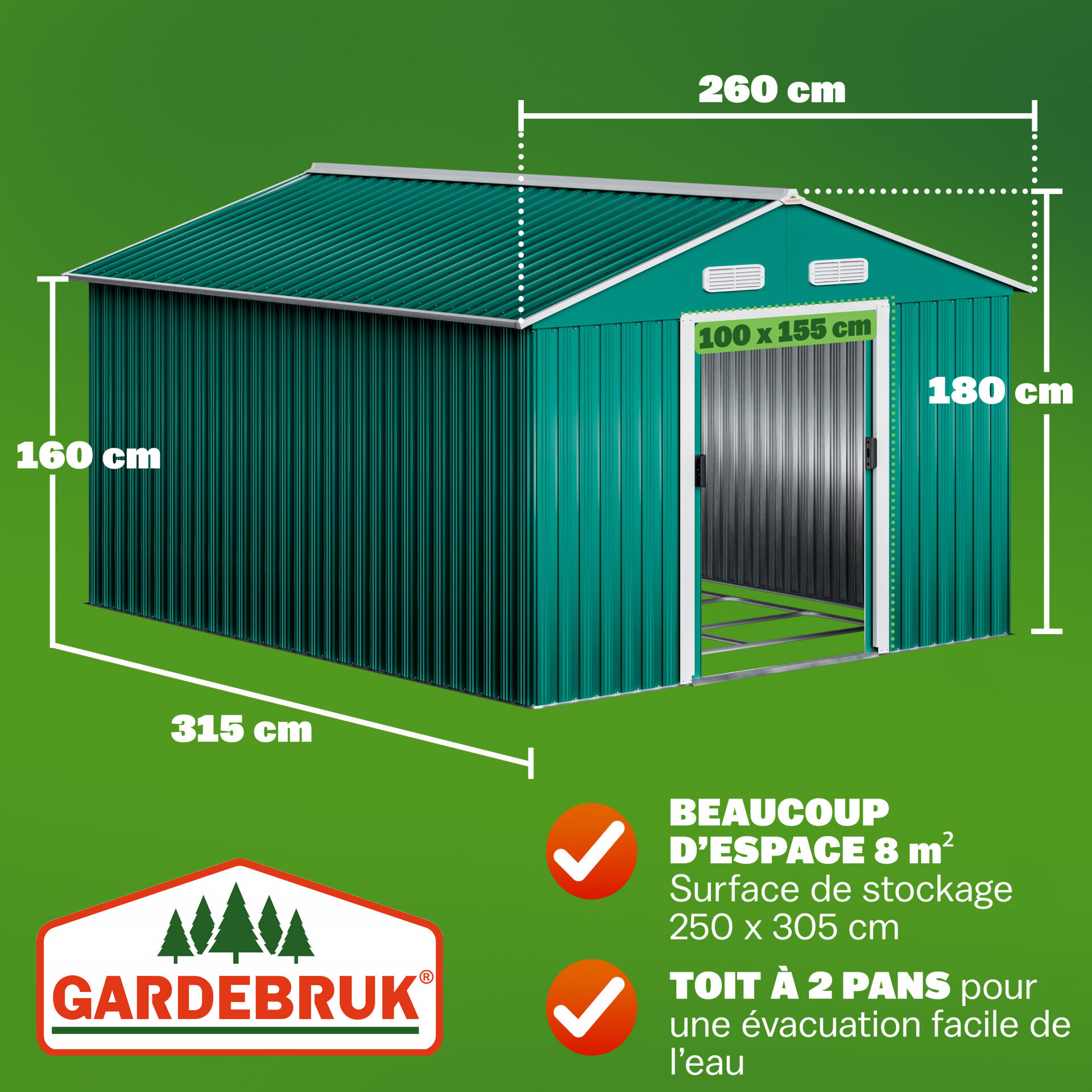 Geräteschuppen Grün 260x315x180cm Metall 15m³ Stauraum verzinkter Bodenkranz