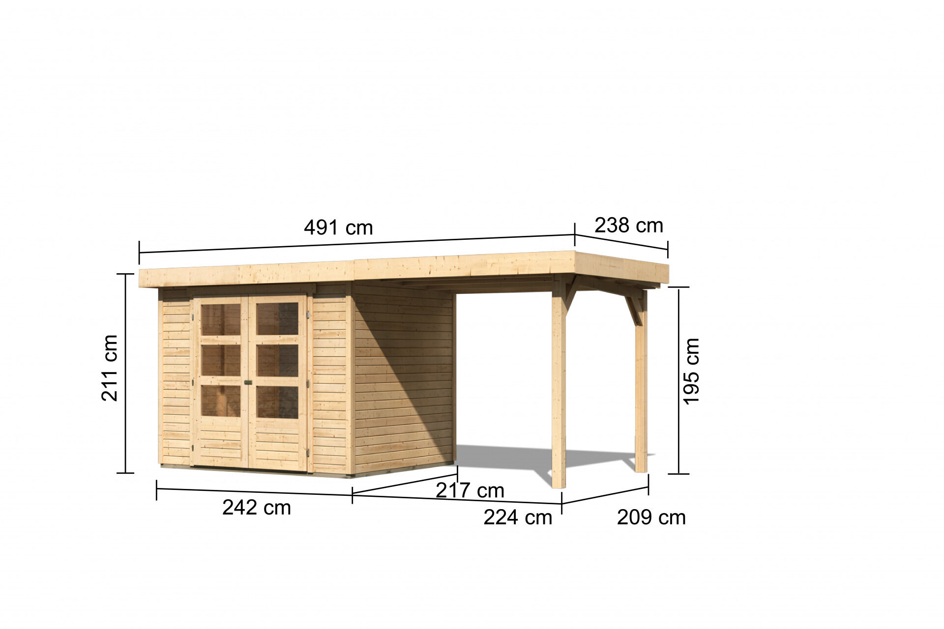 Karibu Gartenhaus Askola 3 SET – mit Anbaudach 2,4 m Breite, naturbelassen