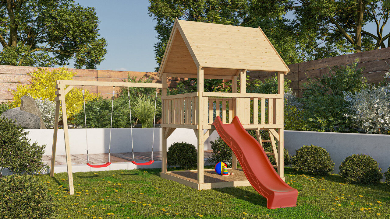 Spielturm Luis Satteldach SET mit Doppelschaukel und Rutsche rot