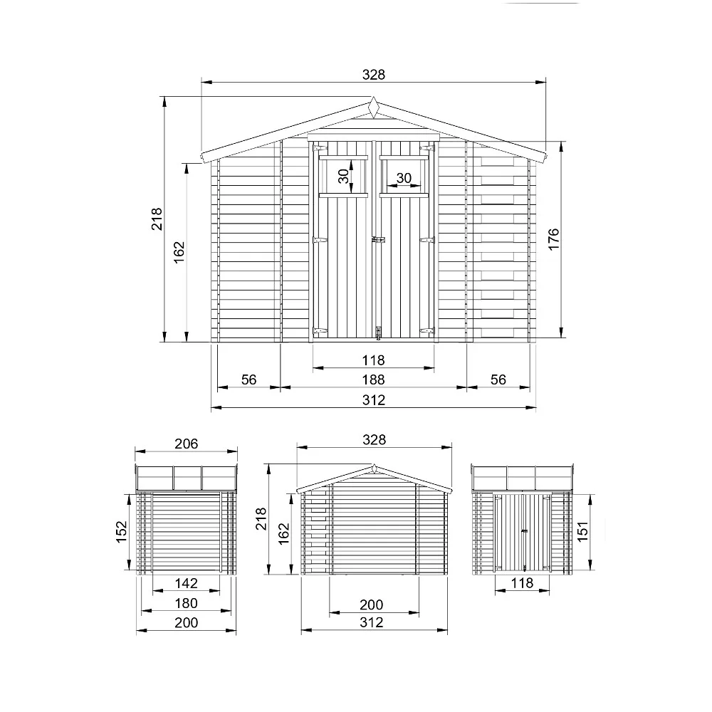 Gerätehaus Hugo M389 Zeichnung mit Abmessungen