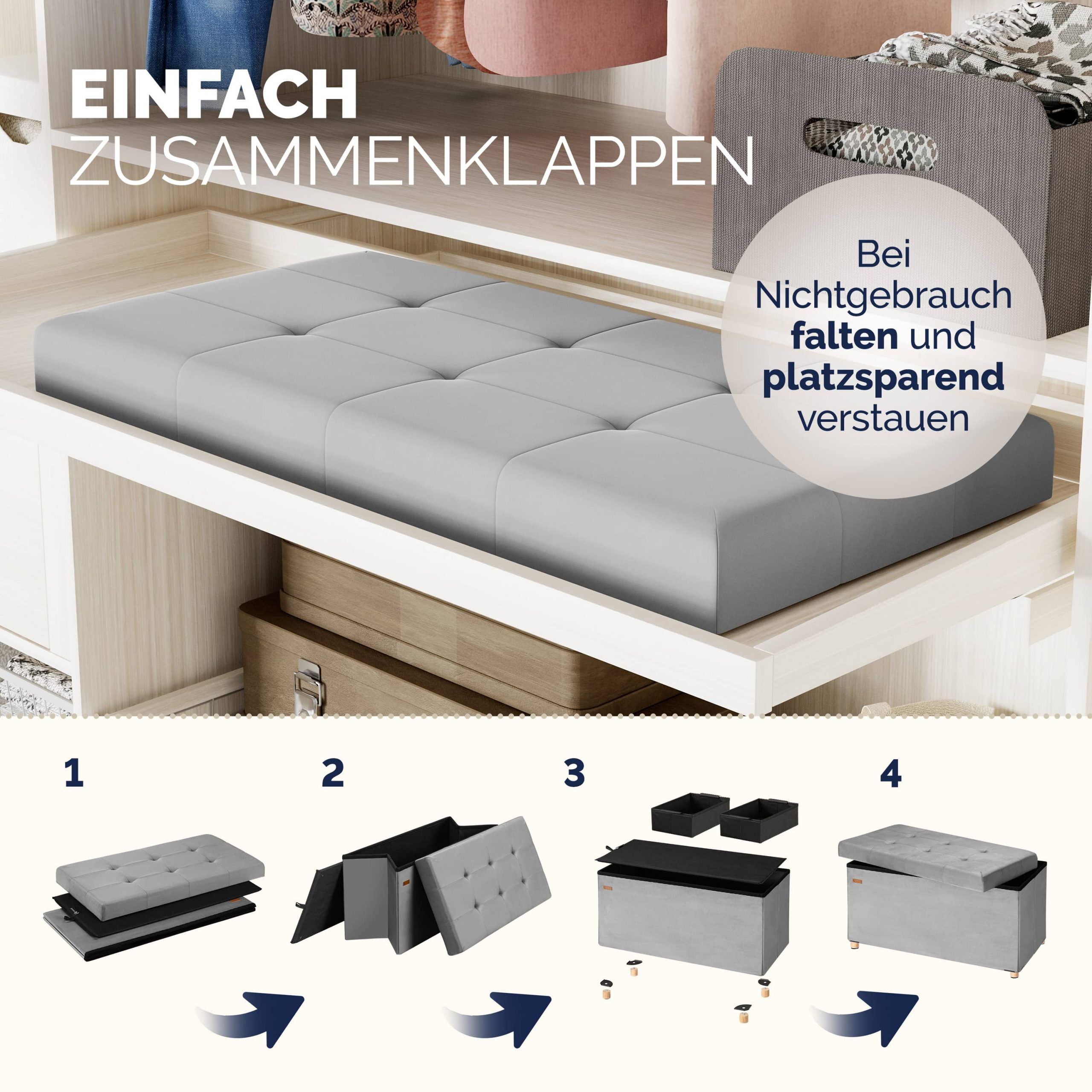 Sitzbank Grau Samt 76x38x42cm mit Stauraum faltbar