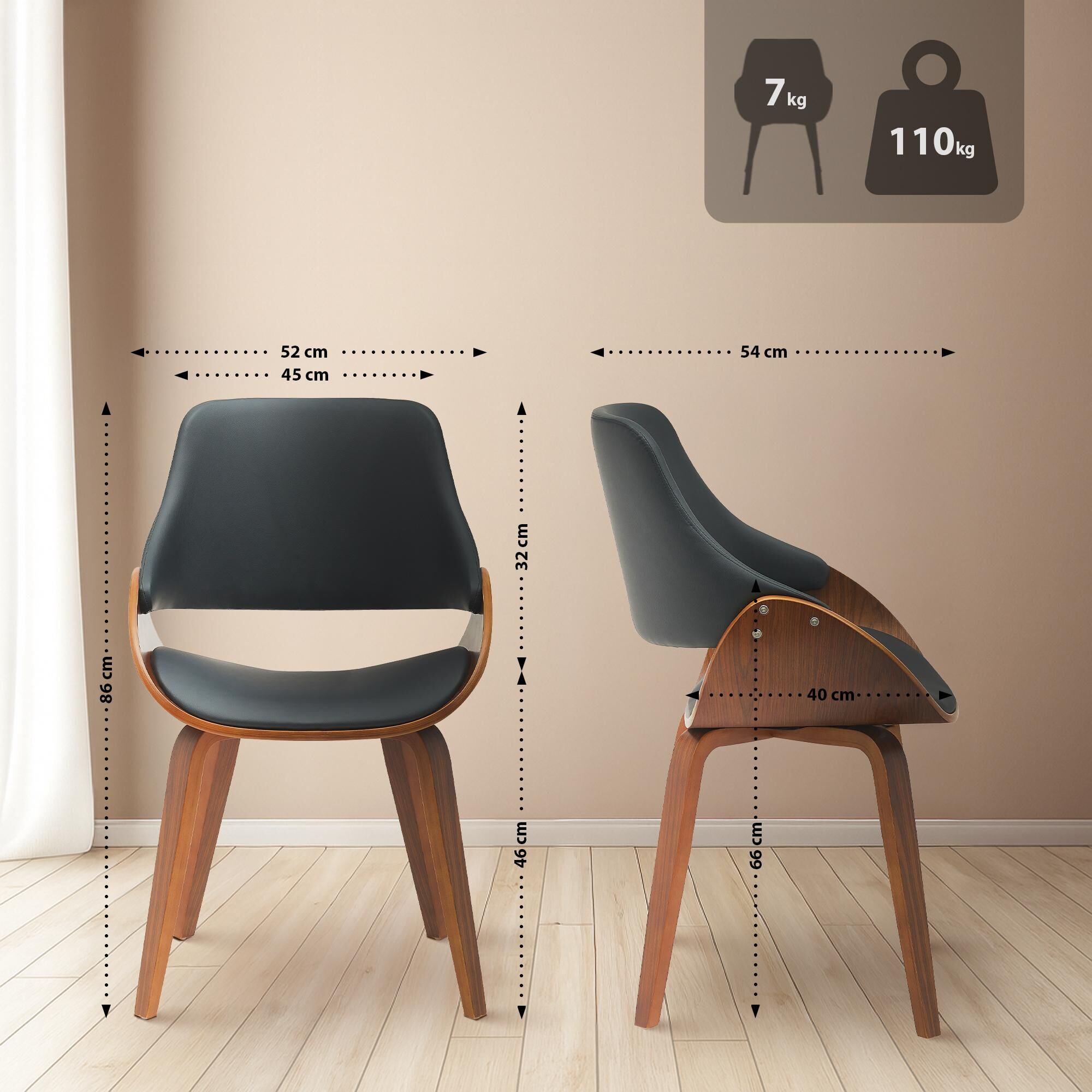 2er Set Esszimmerstuhl Vangale, walnuss/schwarz