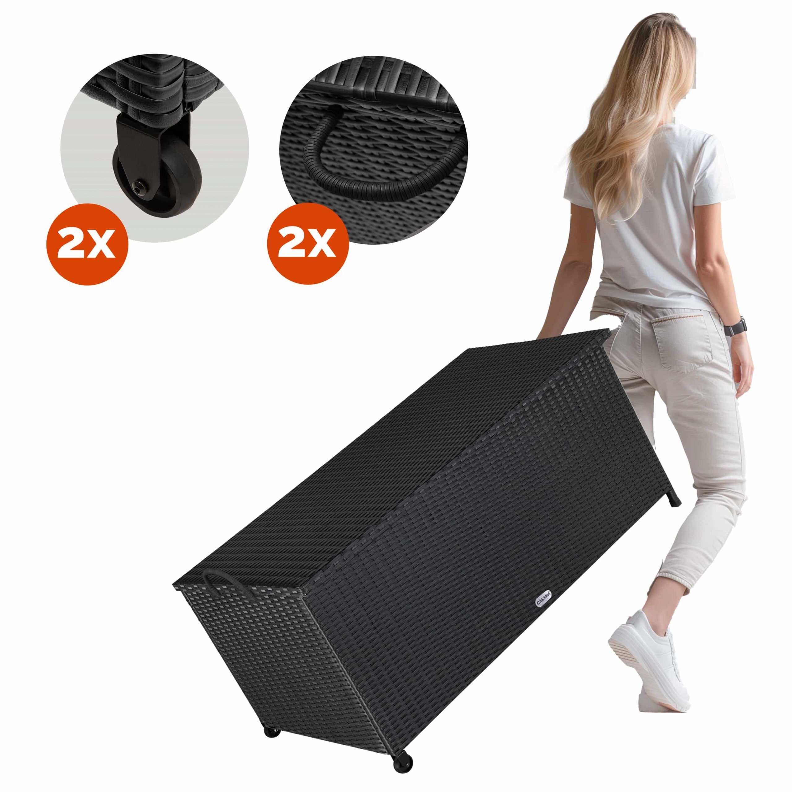Gartenbox Polyrattan Schwarz 117x53x60cm mit Griffen + Rollen
