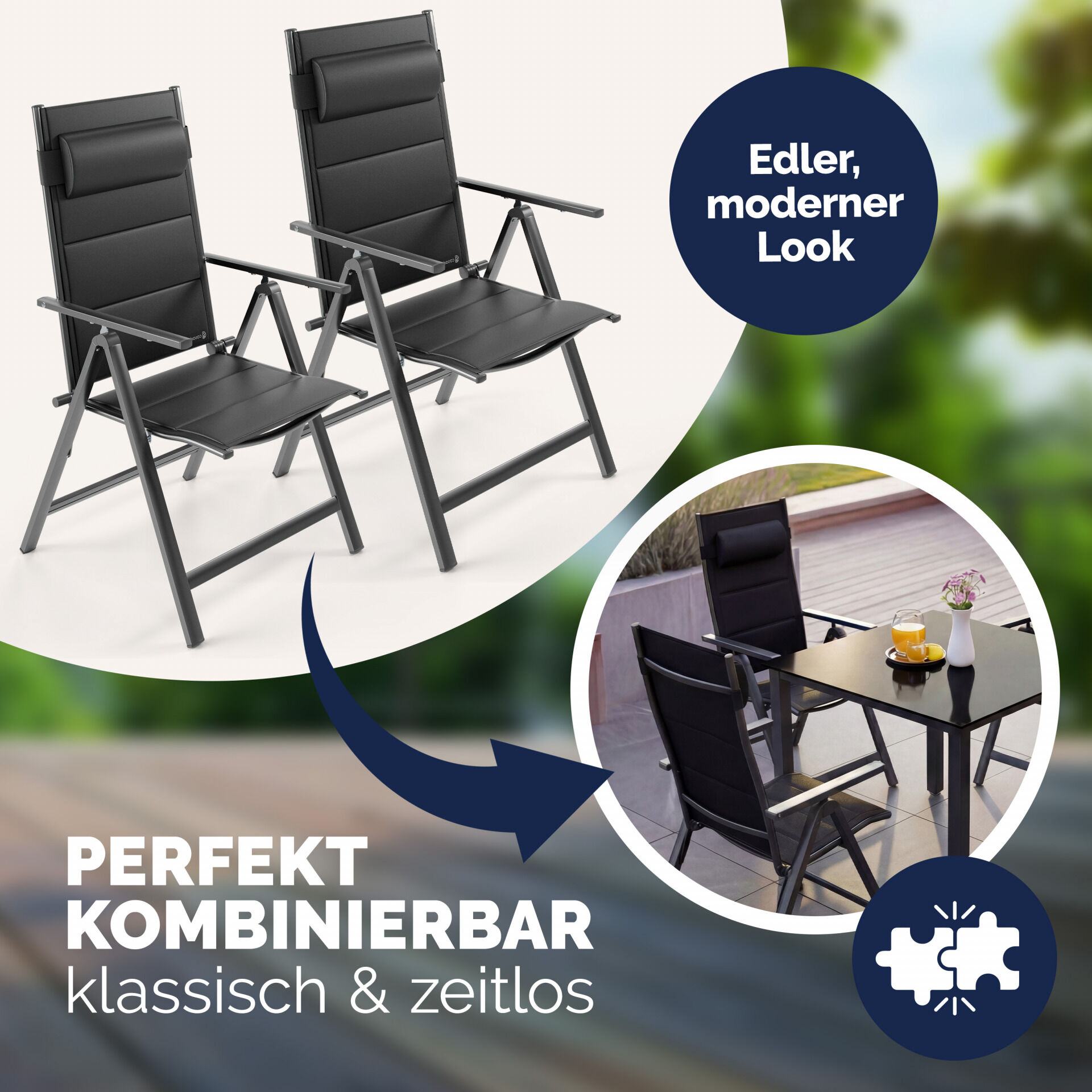 Gartenstuhl Hochlehner klappbar Bern Premium 2er-Set Anthrazit Alu gepolstert + verstellbar