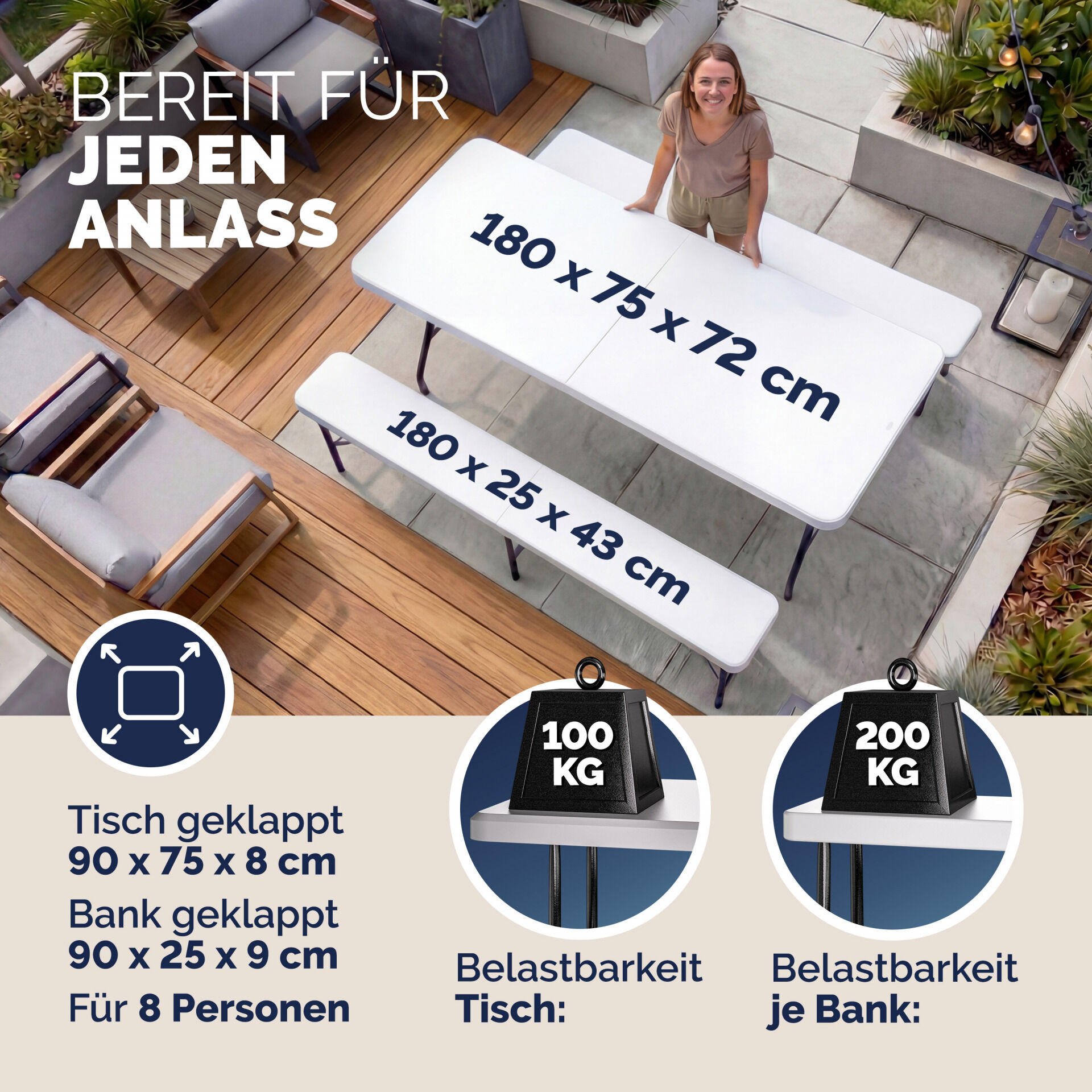 Bierzeltgarnitur 3-tlg Kunststoff Weiß 183cm