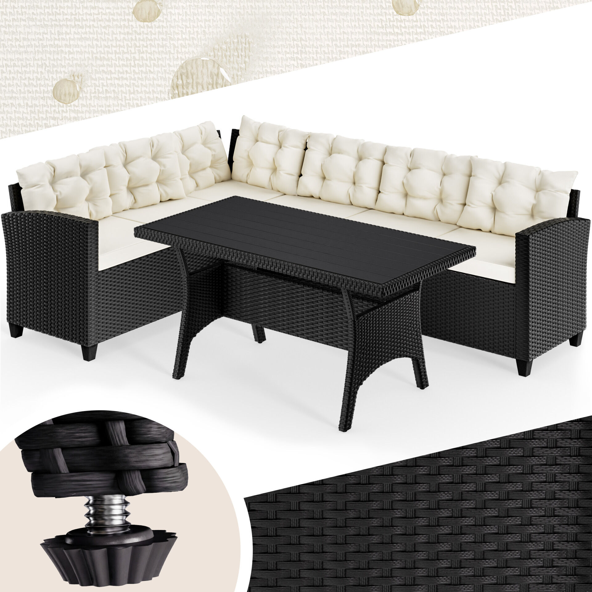 Polyrattan Lounge-Set Schwarz/Creme WPC Tischplatte