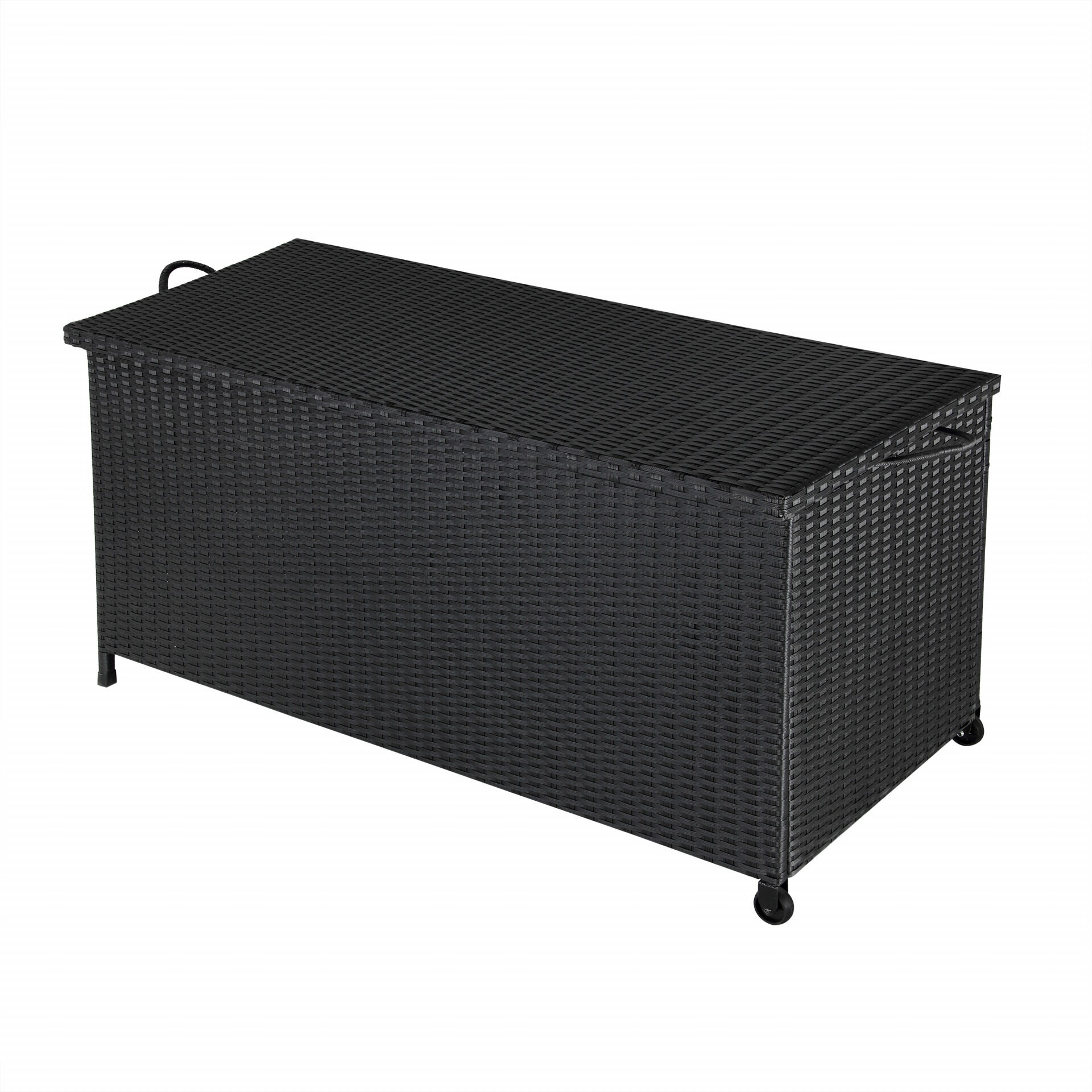 Gartenbox Polyrattan Schwarz 117x53x60cm mit Griffen + Rollen